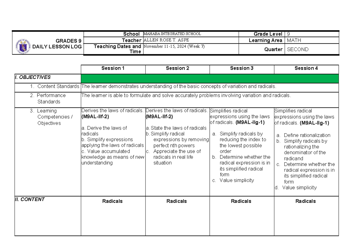 Dll wk 15 lc 2425 lesson log for grade 9 mathematics quarter 2 it will ...