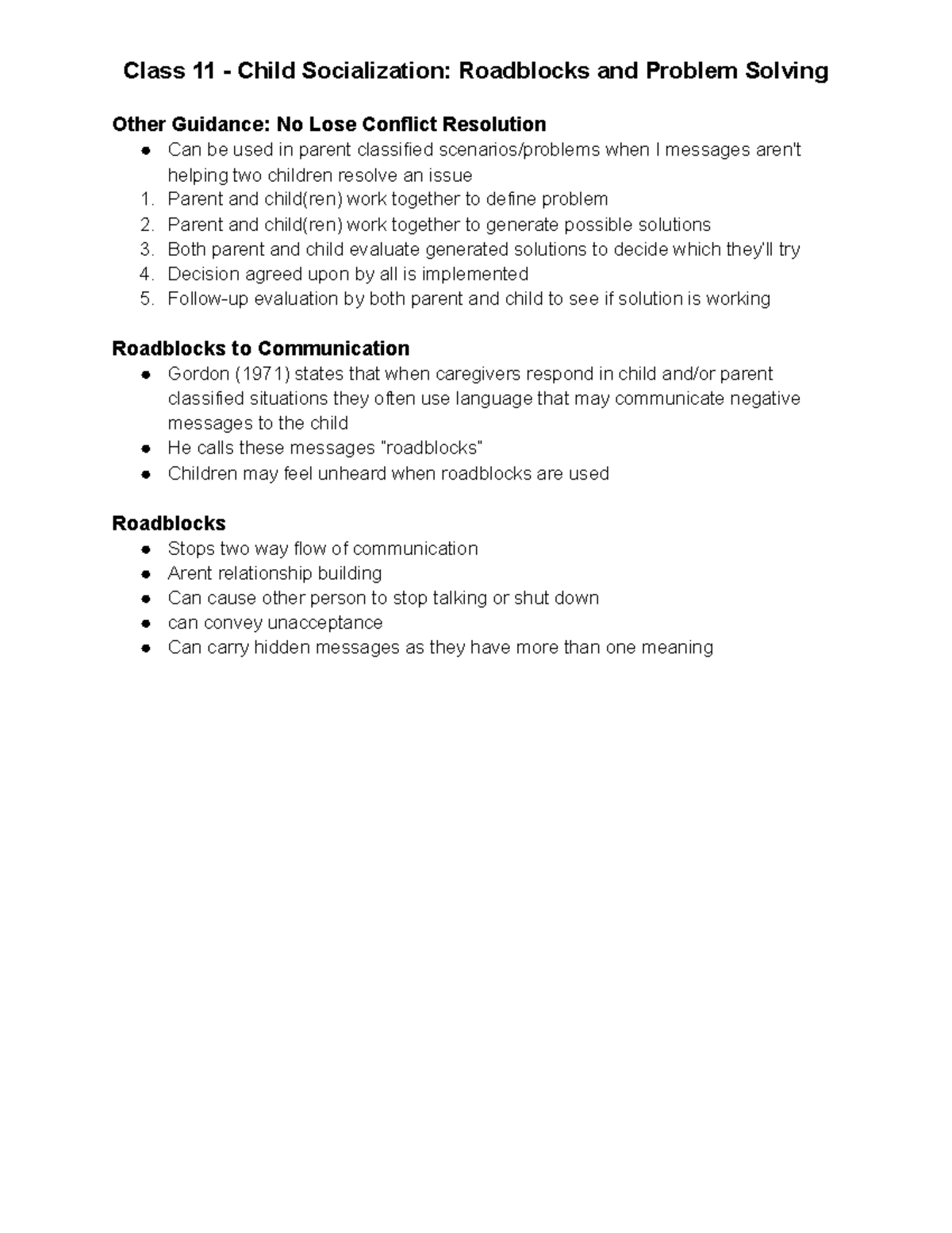 Class 11 - Child Socialization Roadblocks and Problem Solving - Studocu