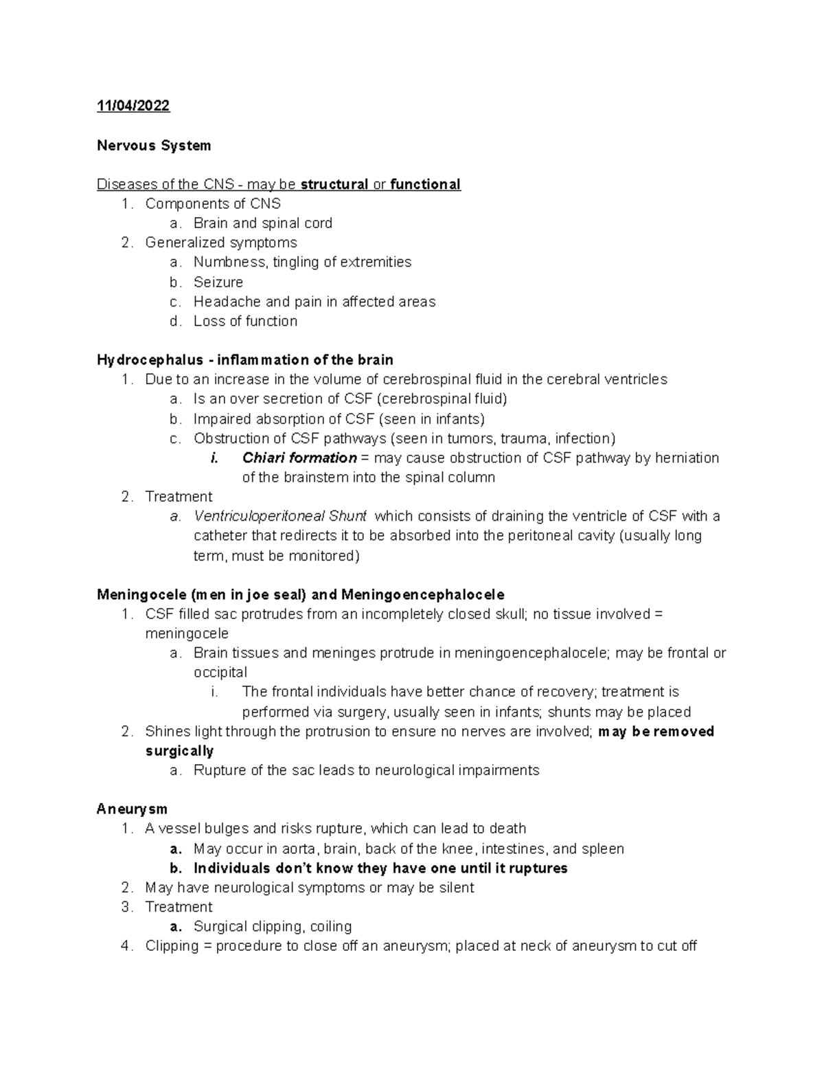 Unit 5 Notes - 11/04/ Nervous System Diseases of the CNS - may be ...