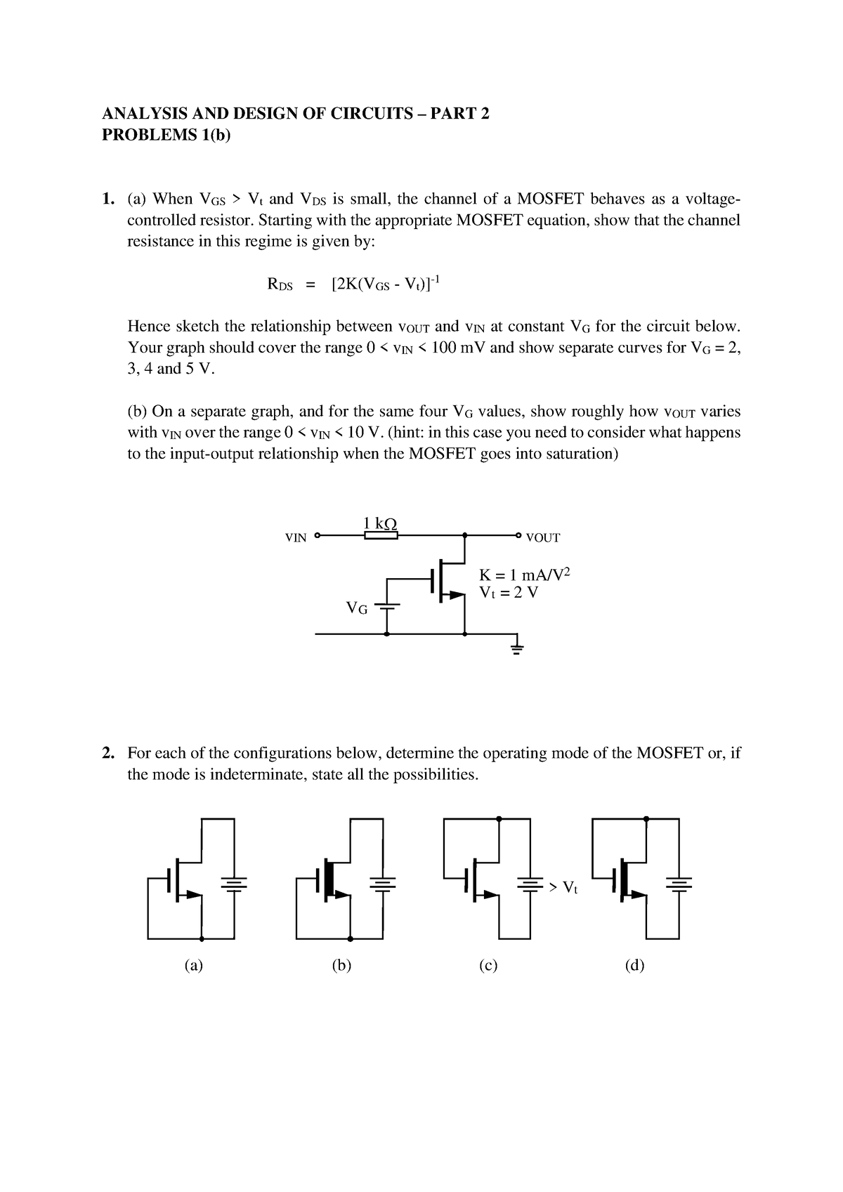 Problem Sheet 1b - Analysis Design Circuit - ANALYSIS AND DESIGN OF ...