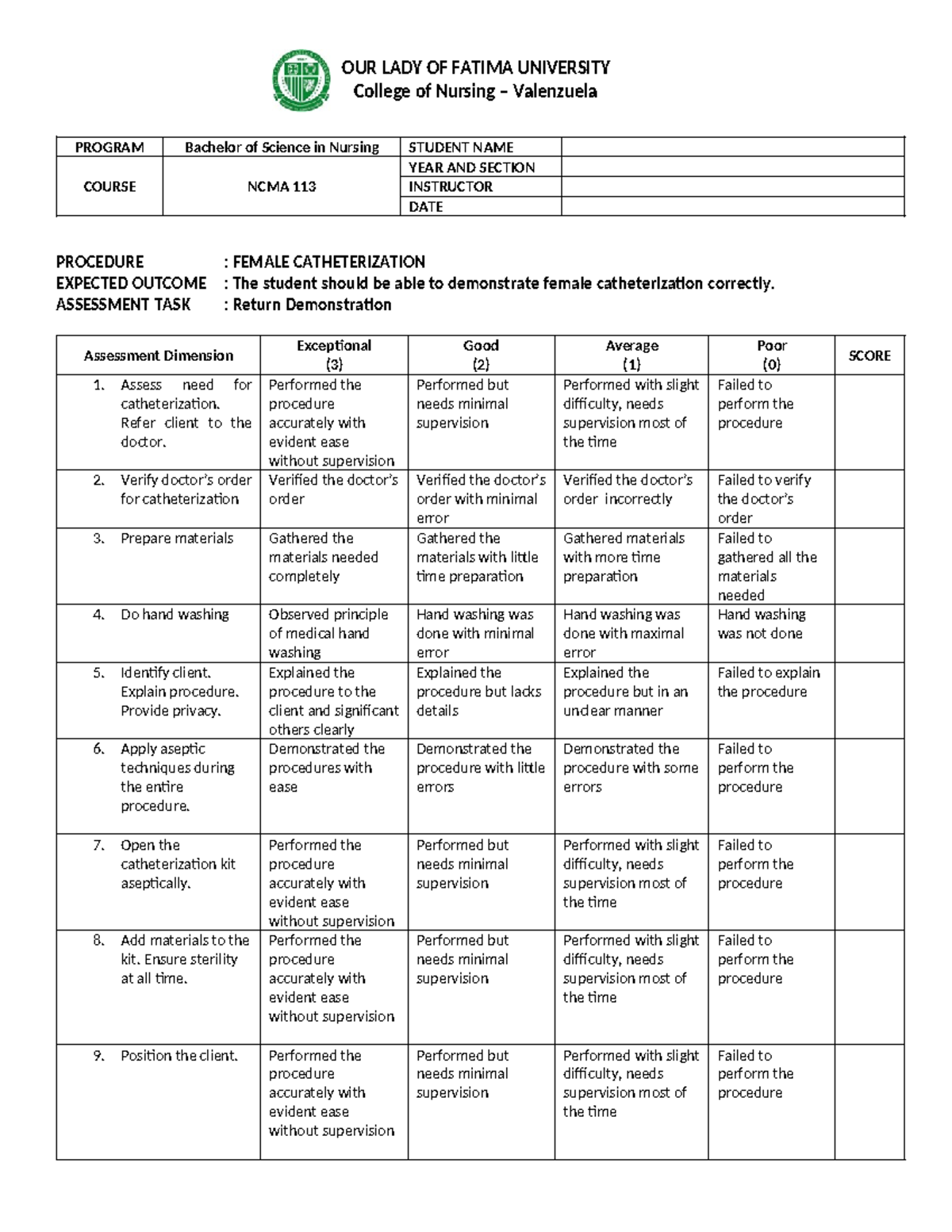 Catheterization-Female - OUR LADY OF FATIMA UNIVERSITY College of ...