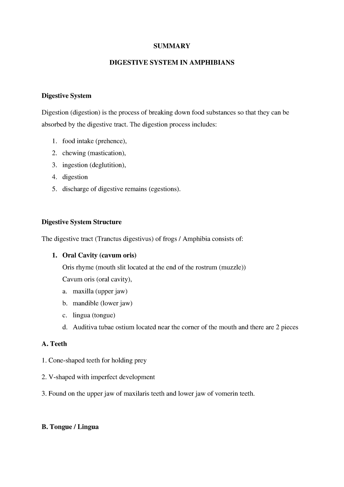 Summary Digestive System In Amphibians - Summary Digestive System In 