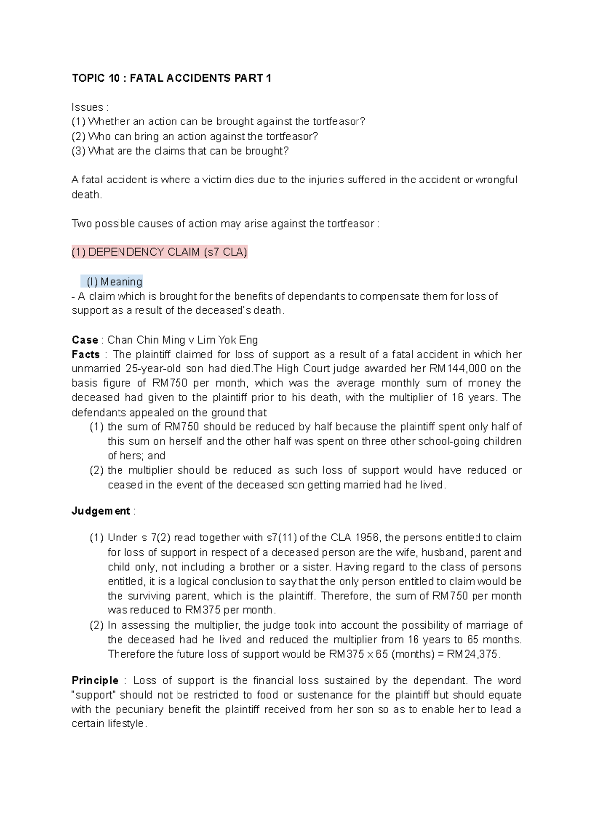 Dependency claims for fatal accident - TOPIC 10 : FATAL ACCIDENTS PART ...