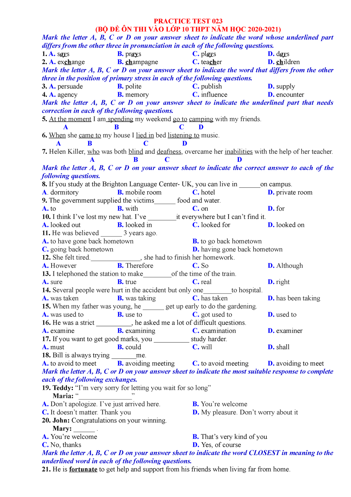 23. Practice TEST 023 - Tiếng anh thi vào 10 - PRACTICE TEST 023 (BỘ ĐỀ ...