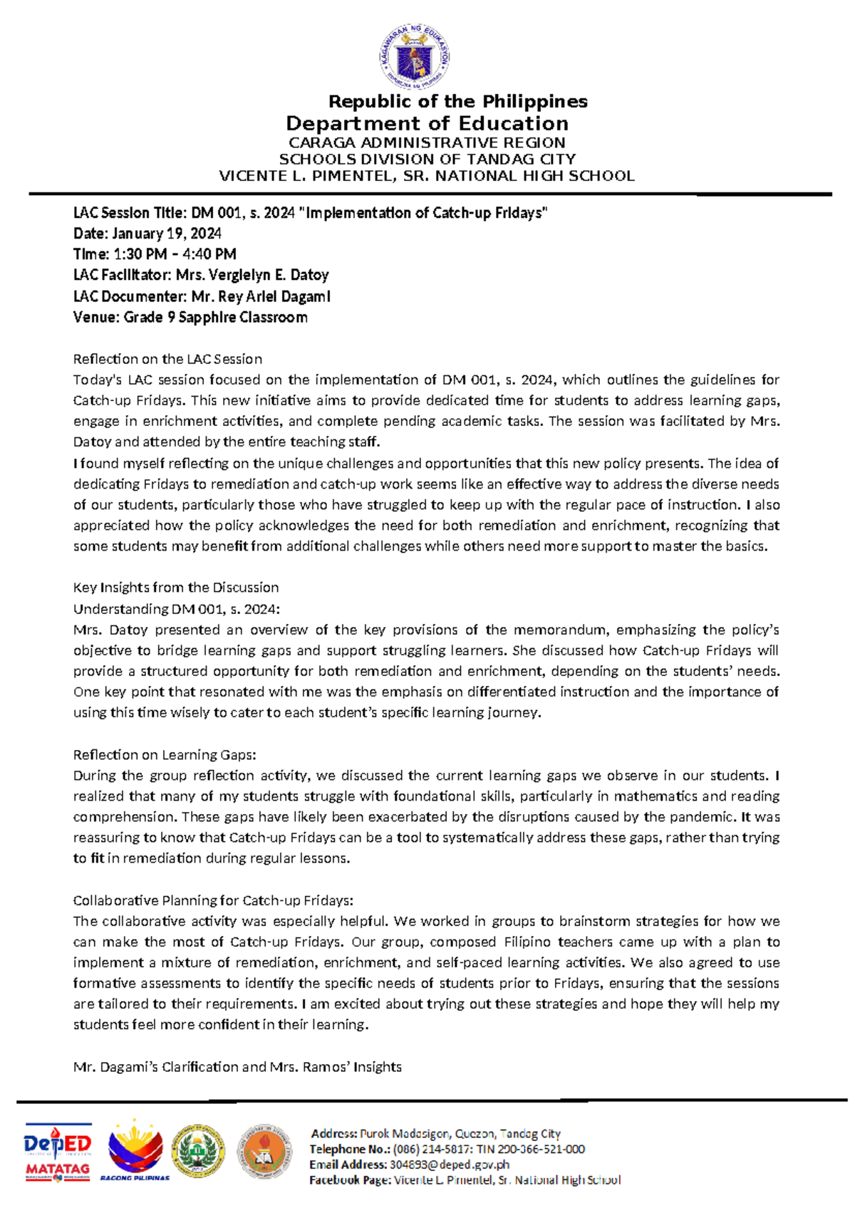 Reflection journal - Department of Education CARAGA ADMINISTRATIVE ...