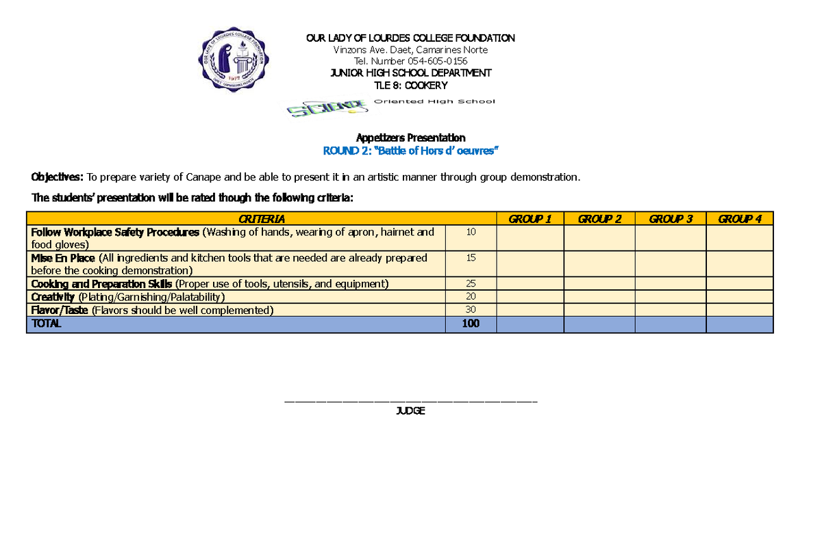 Battle OF HORS D' Oeuvres judge's copy - OUR LADY OF LOURDES COLLEGE ...