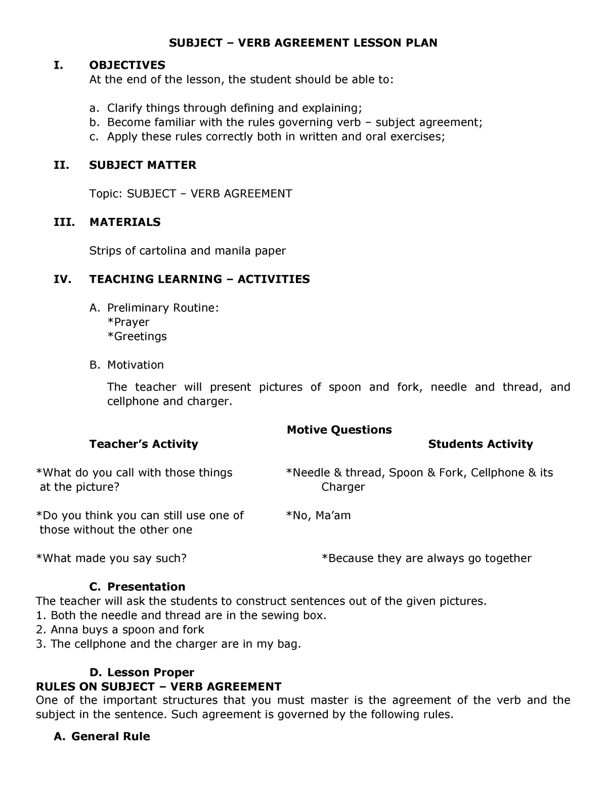 Verb Lesson Plan For Kindergarten Plans Learning In English Grade 9 ...