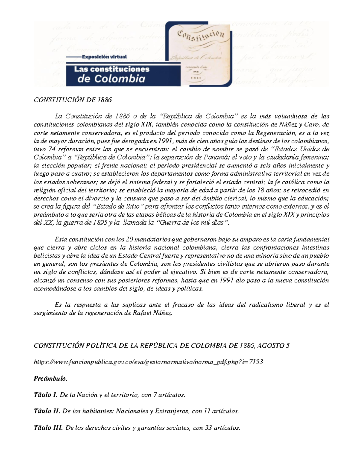 LA CONSTITUCIÓN COLOMBIANA DE 1886 CONSTITUCIÓN DE 1886 La Constitución de 1886 o de la Studocu