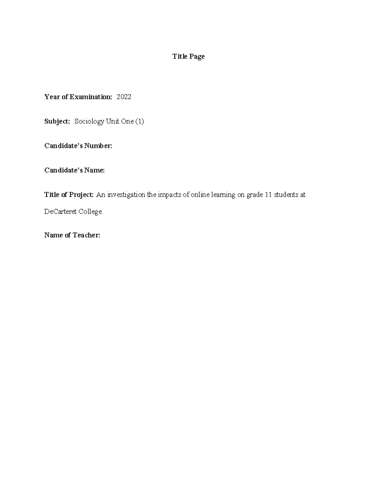 Sociology CAPE IA - Title Page Year of Examination: 2022 Subject ...