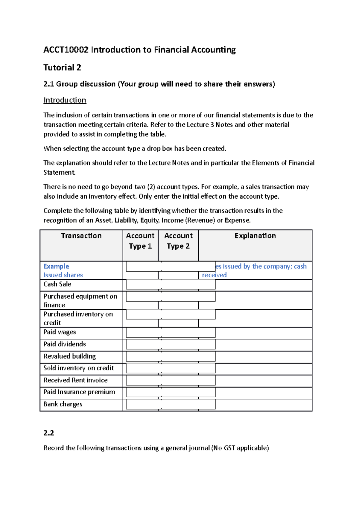 ACCT10002 Topic 2 Tutorial Questions - ACCT10002 Introduction To ...