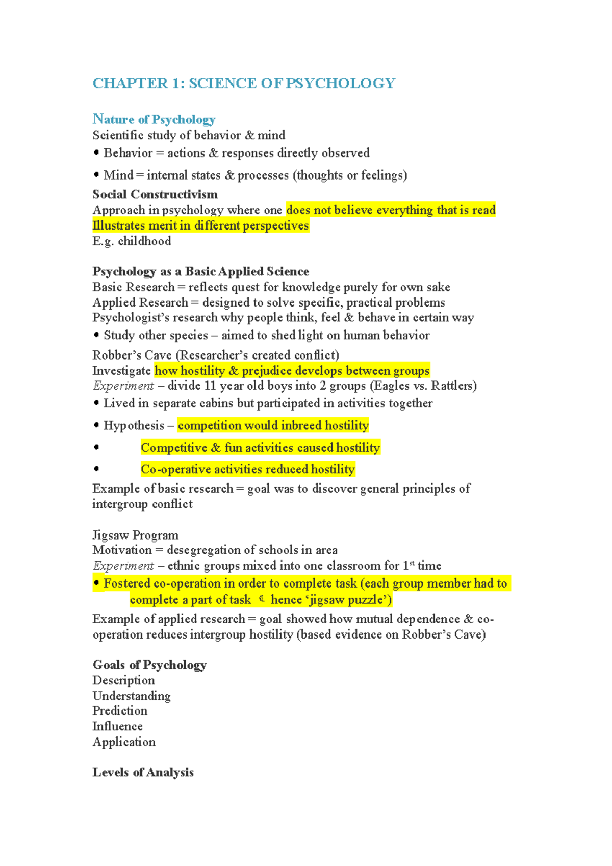 Pschology summary - Chapter 1 Science of psychology - CHAPTER 1 ...