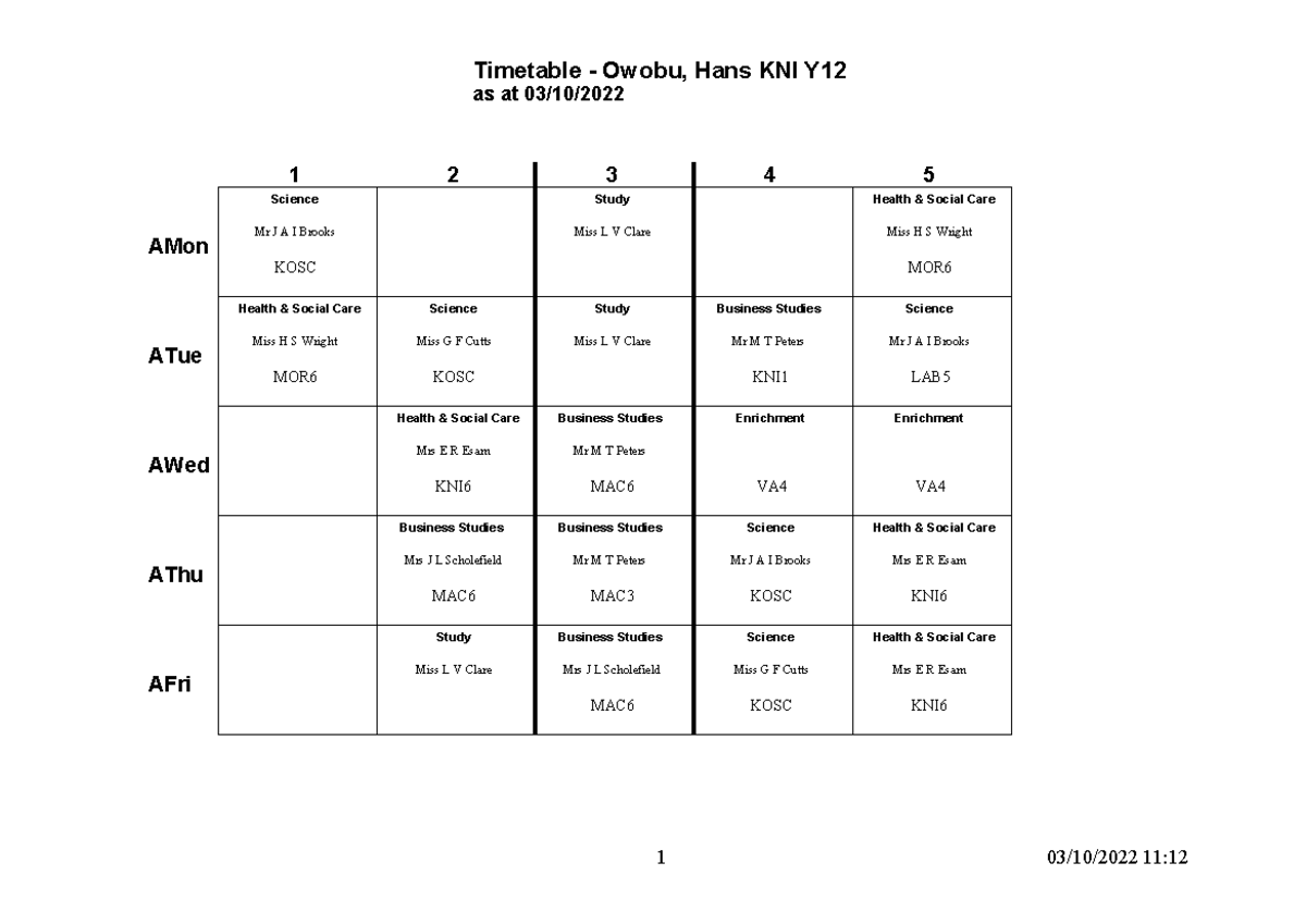 HO timetable - for my business studies - Timetable - Owobu, Hans KNI Y ...