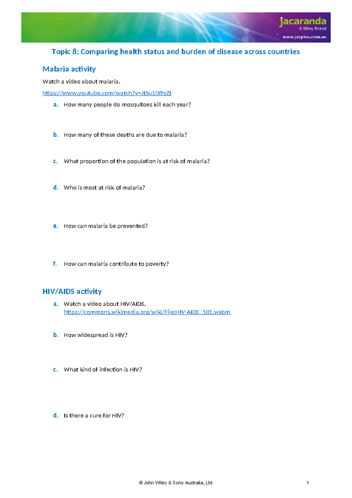 Activity sheets for HIV and Malaraia videos - Topic 8: Comparing health ...