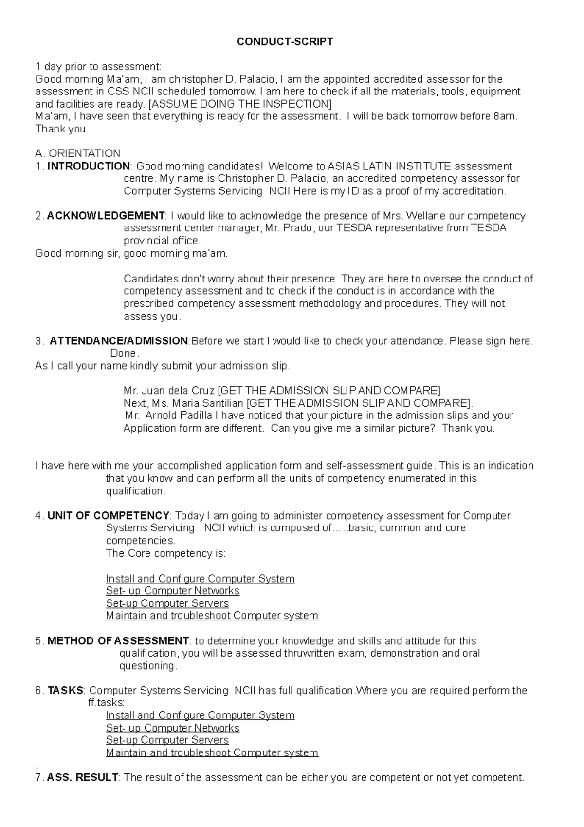 Cca script - none - CONDUCT-SCRIPT 1 day prior to assessment: Good ...