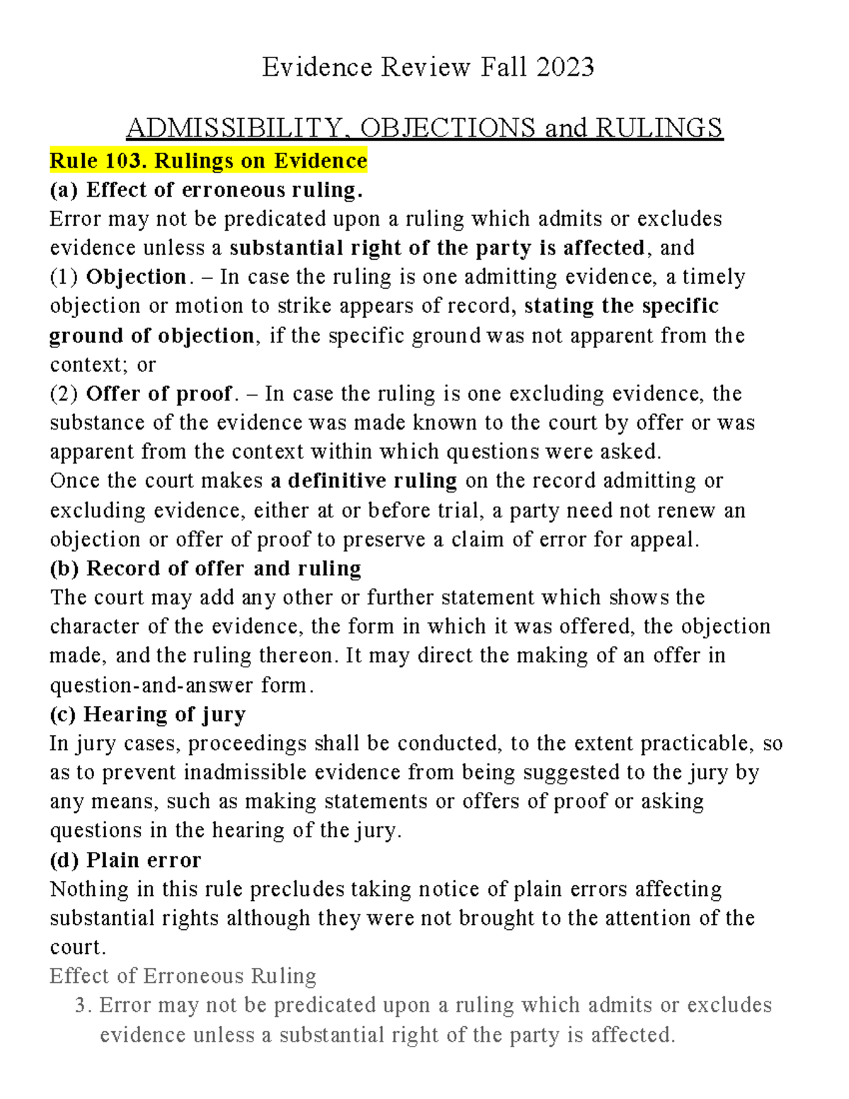 Evidence Final Outline - Evidence Review Fall 2023 ADMISSIBILITY ...