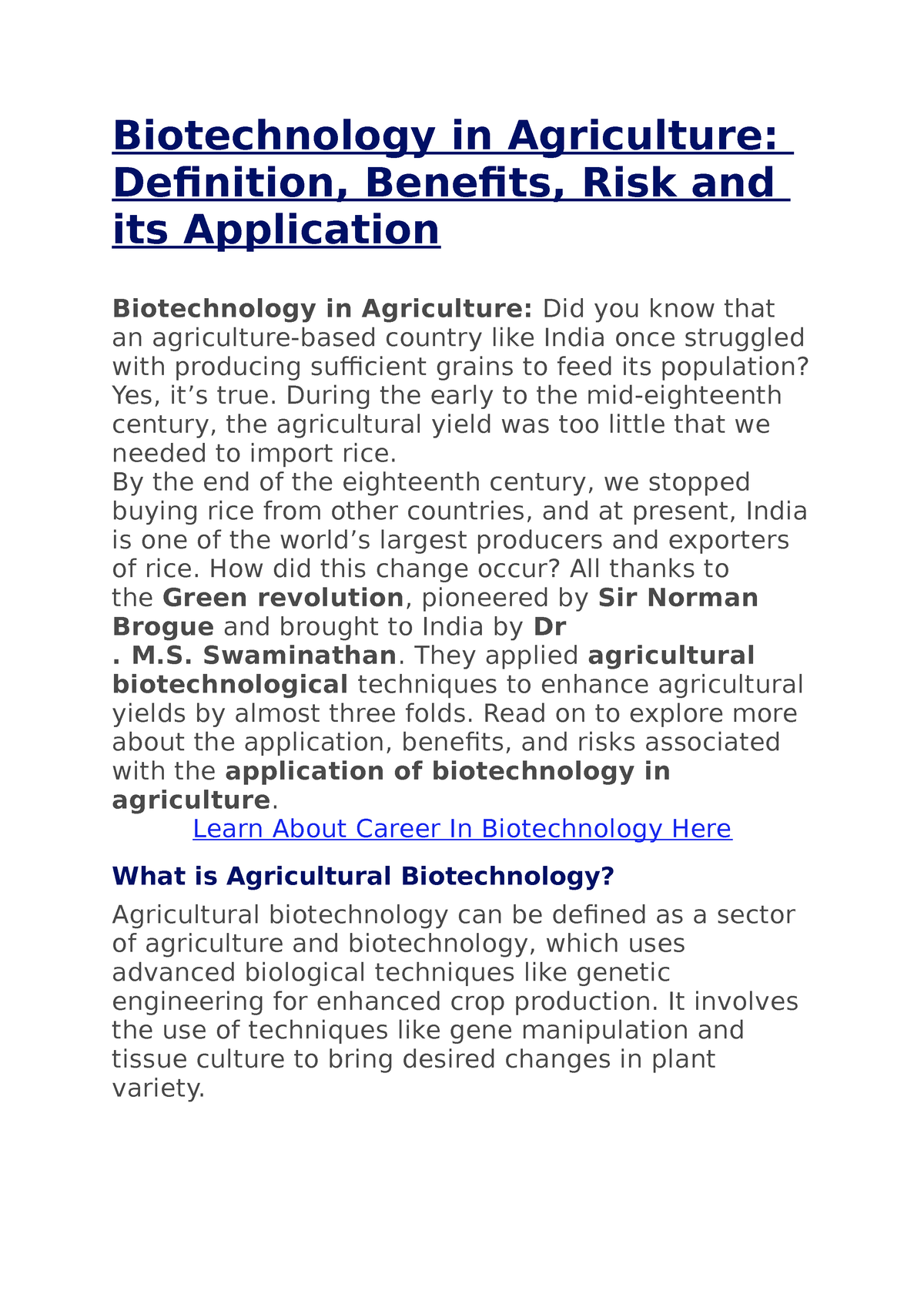 write an essay on application of biotechnology in agriculture