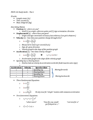 PHYS 141 Study Guide – Test 1 - PHYS 141 Study Guide Test 1 SI Units ...