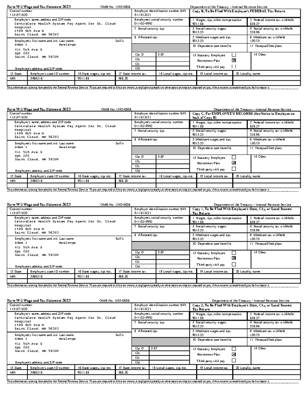 Cvs Employee W2 - 1904o69