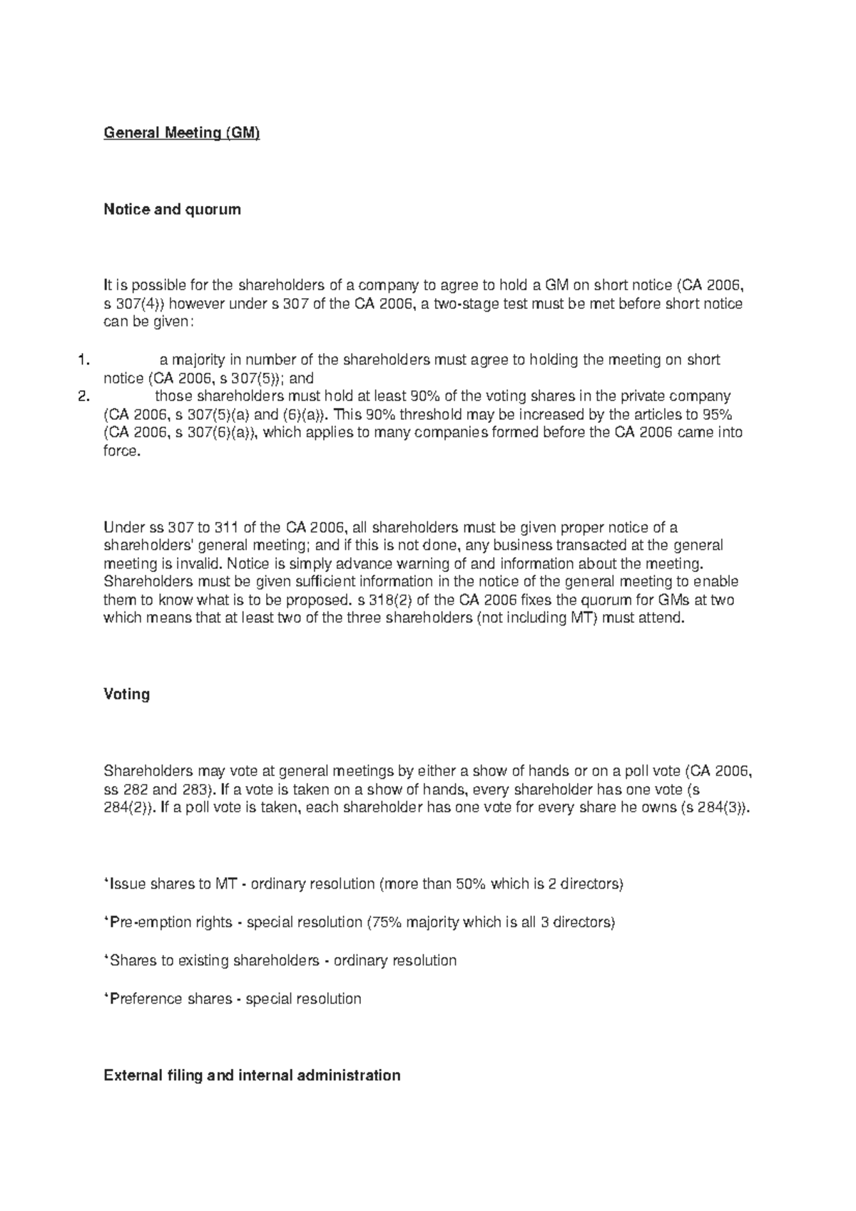 BUSINESS LAW PRACTICE UNIT 10 - General Meeting (GM) Notice and quorum ...