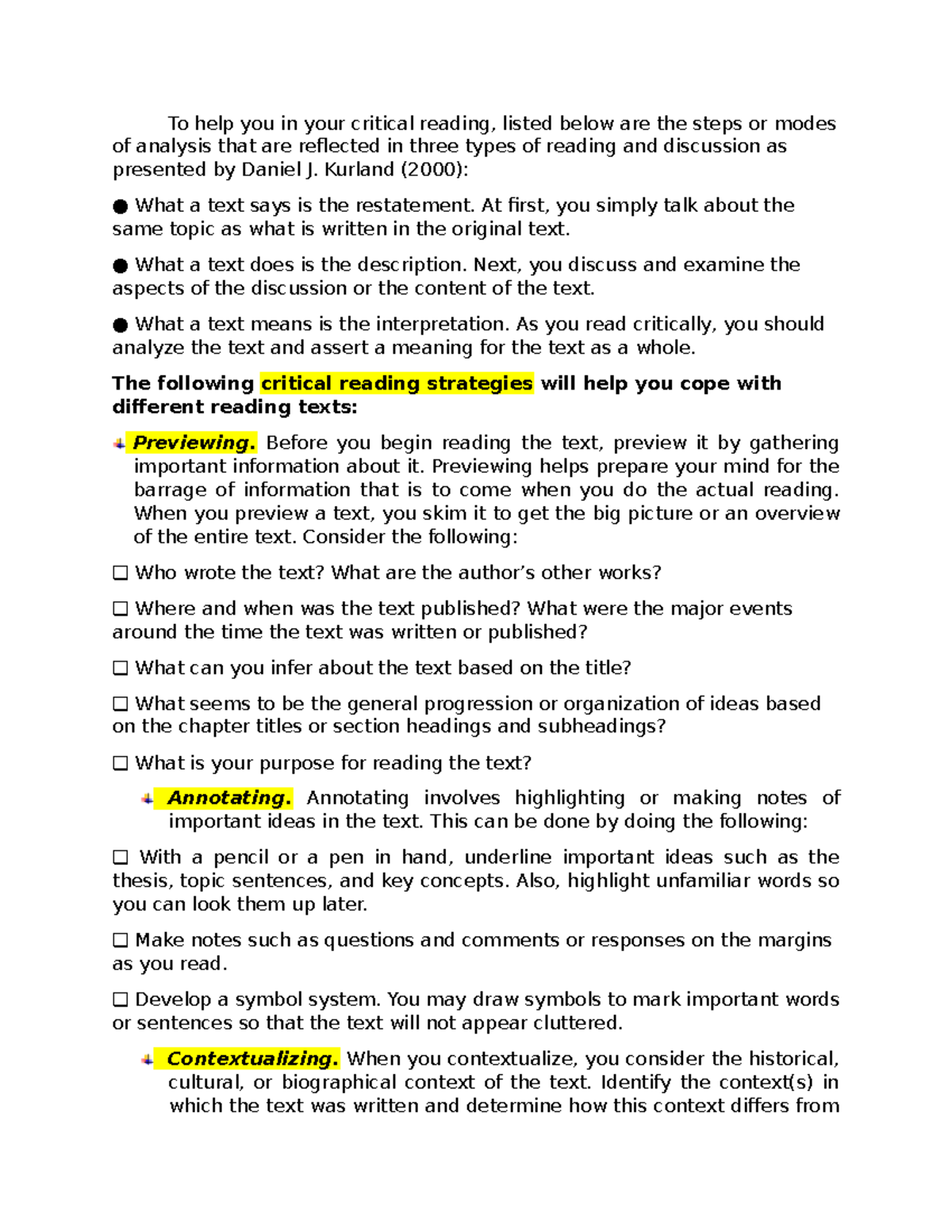 Critical Reading Strategies - To help you in your critical reading ...