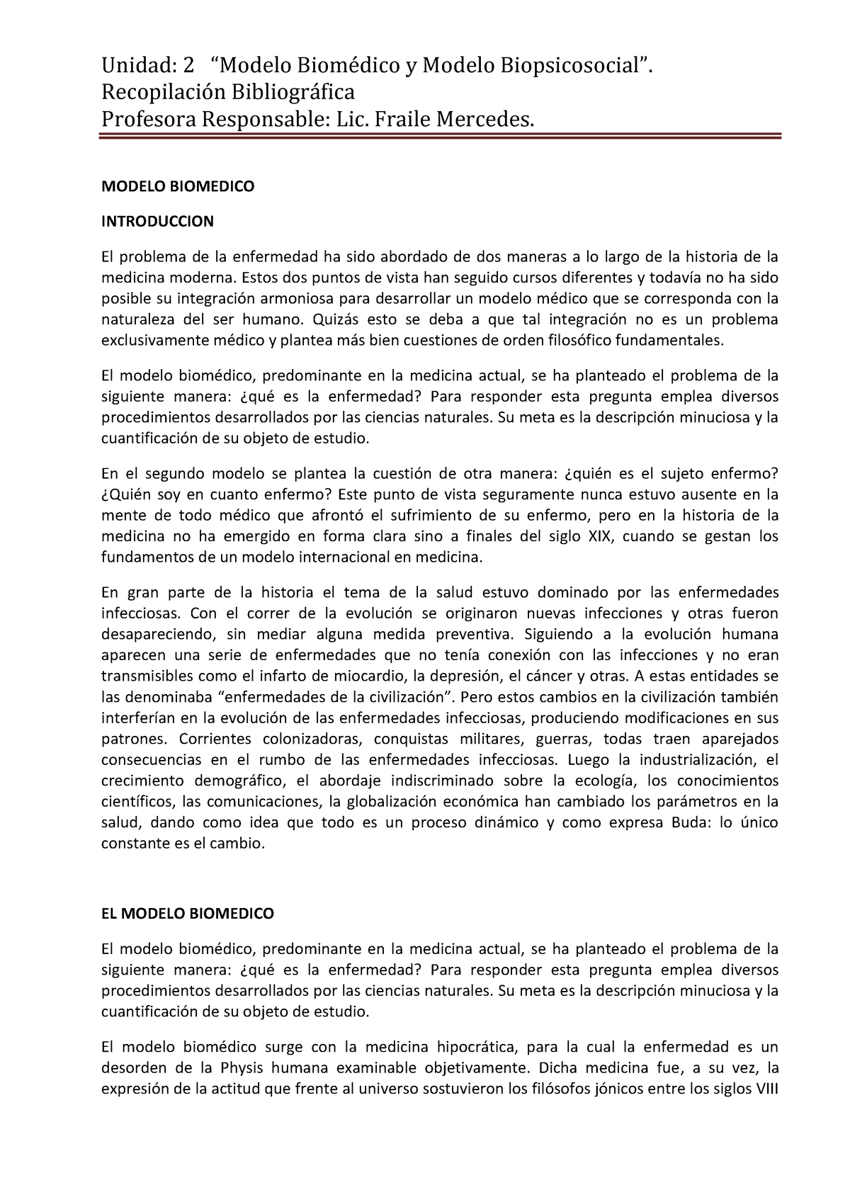 Modelo Biomedico y Biopsicosocial - Recopilación Bibliográfica Profesora  Responsable: Lic. Fraile - Studocu