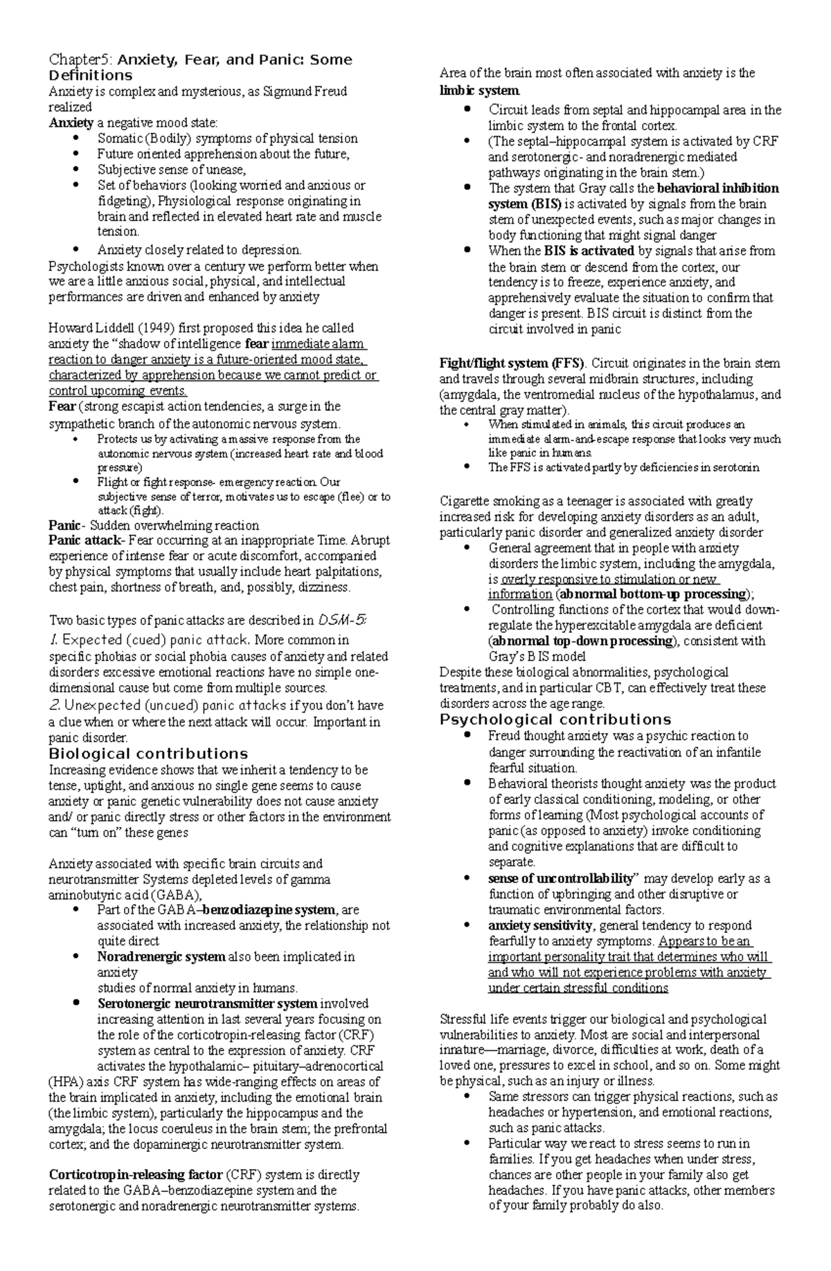 Abnormal Psychology Reviewer Chapter 5-6 - Chapter5: Anxiety, Fear, And 