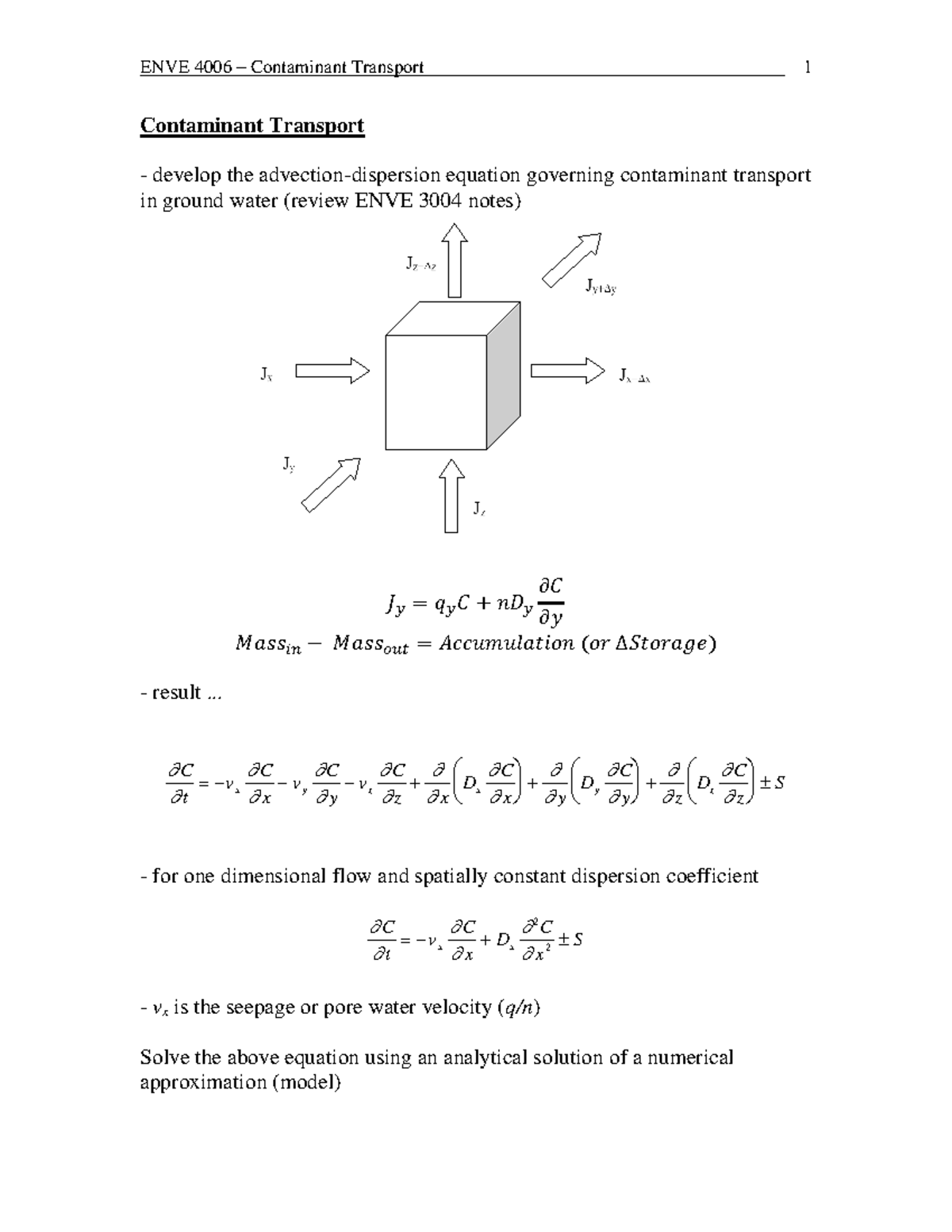 8-Contaminant Transport Notes - Contaminant Transport develop the ...