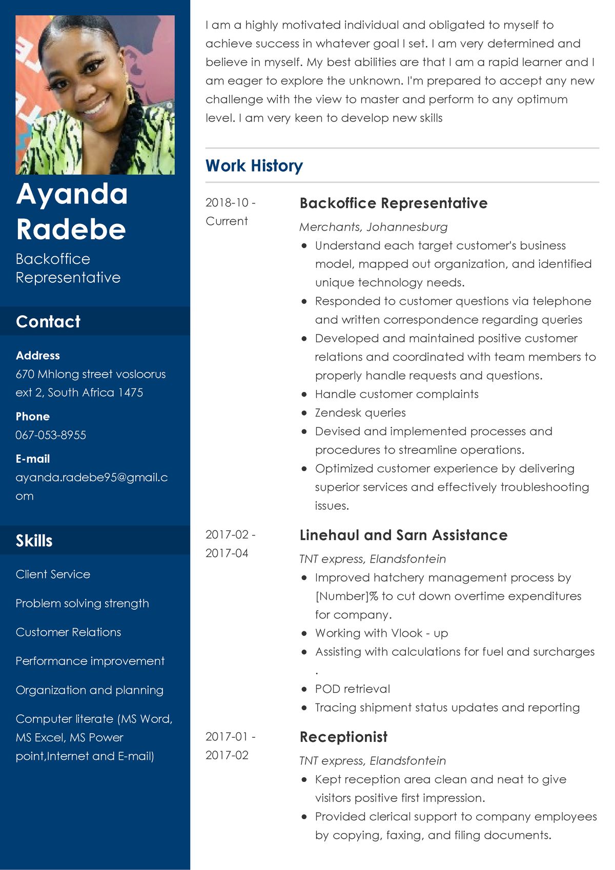 Ayanda Radebe - Work History Backoffice Representative Ayanda Radebe ...