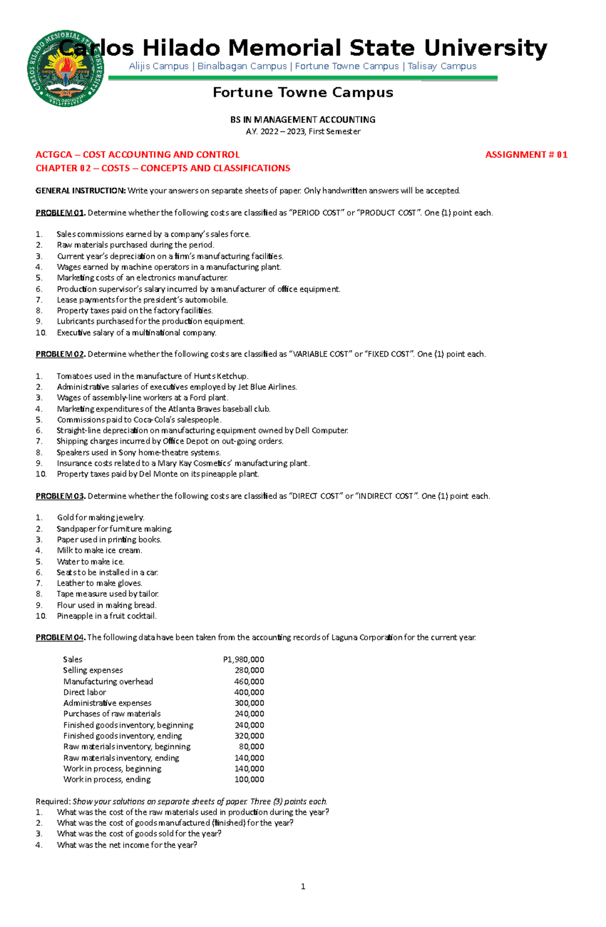 Assignment 01 Chapter 02 Carlos Hilado Memorial State University