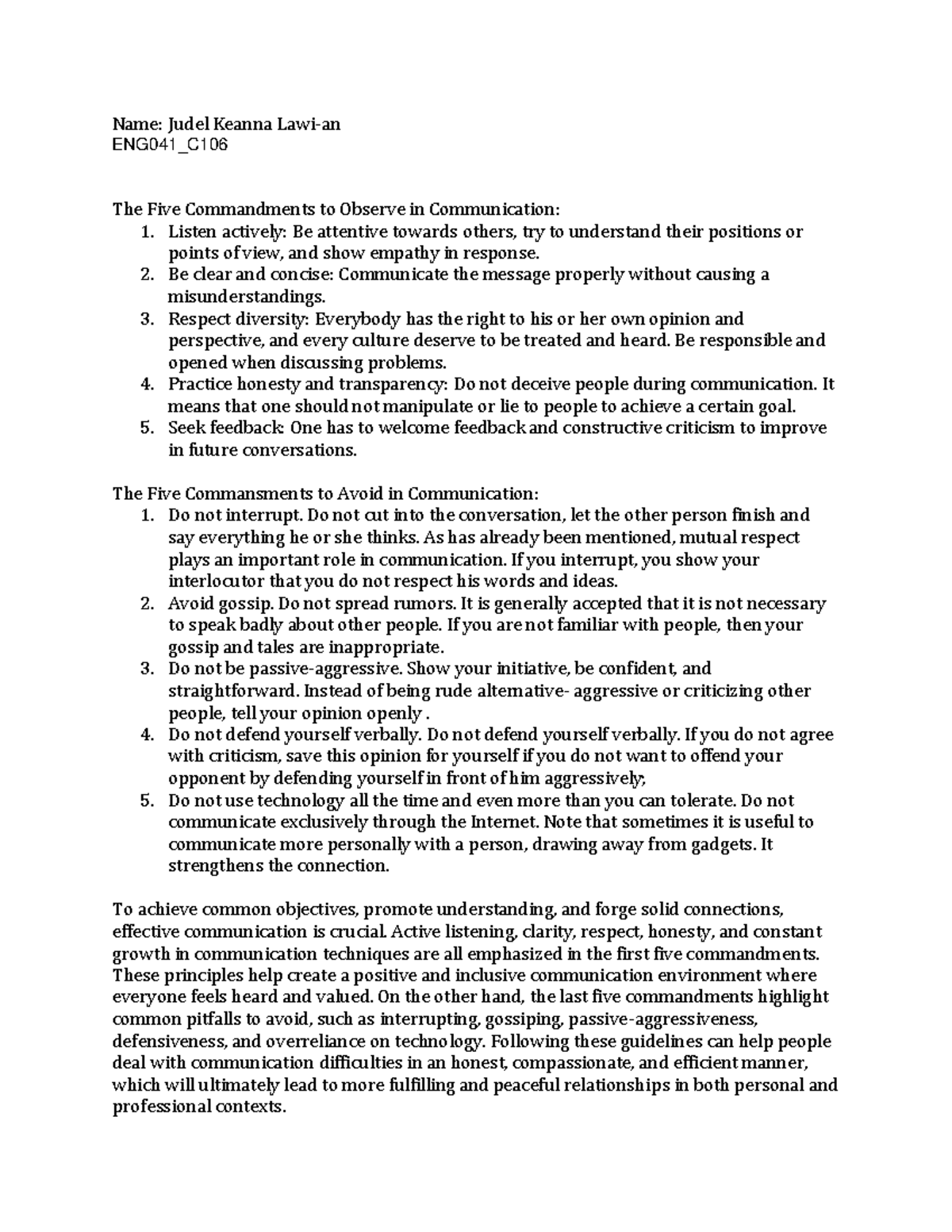 ENG 2 - Pdf - Name: Judel Keanna Lawi-an ENG041_C The Five Commandments ...