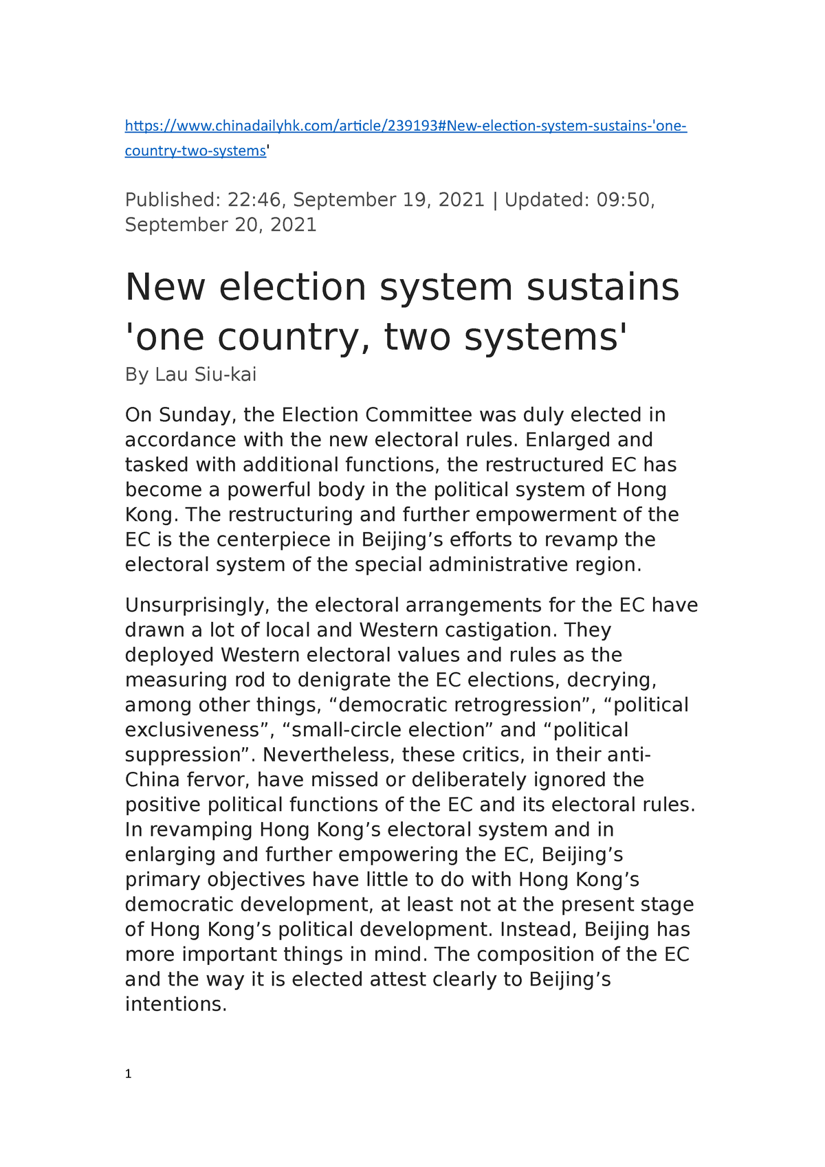 New Election System Sustains 'one Country, Two Systems' - - Studocu