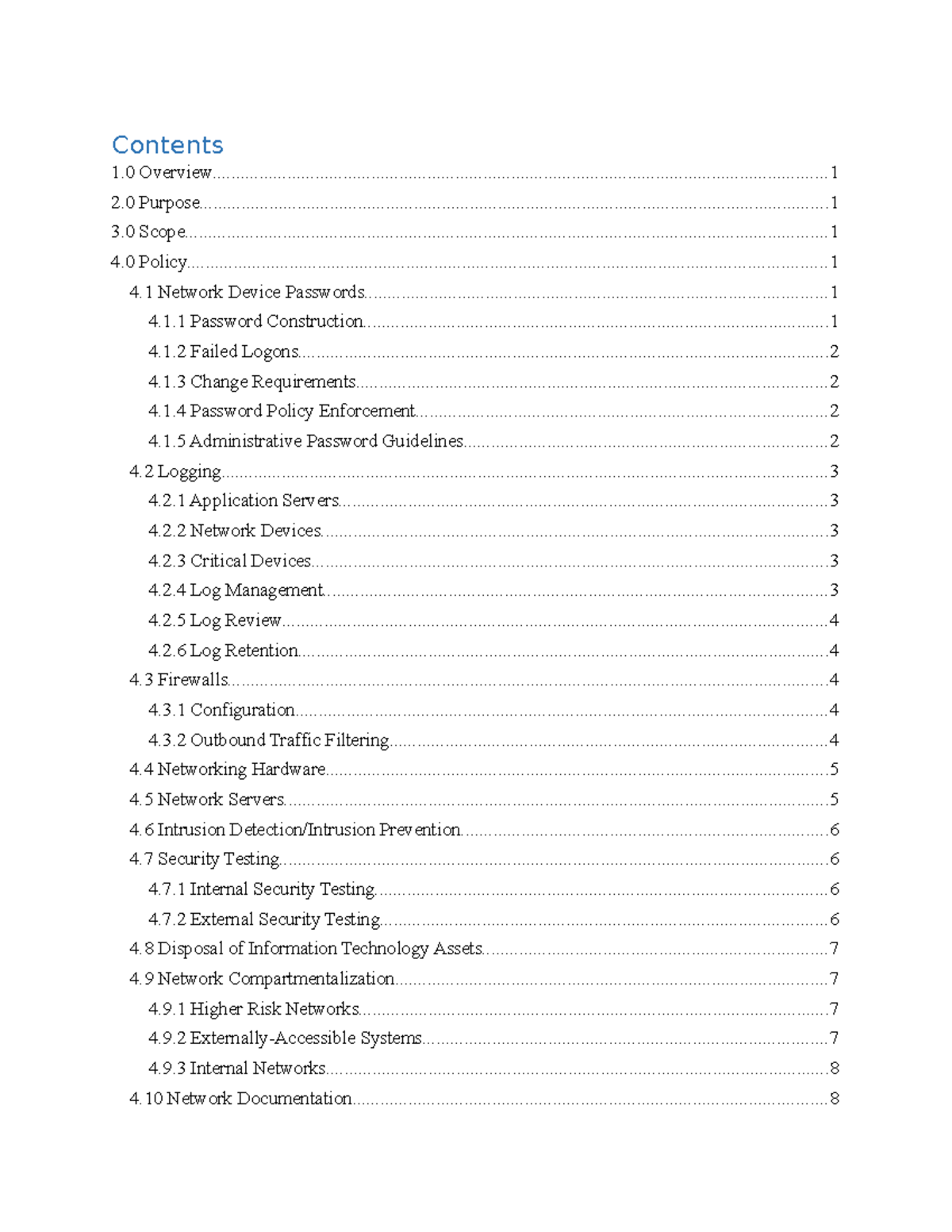 Network Security Policy - Contents 1 - Studocu