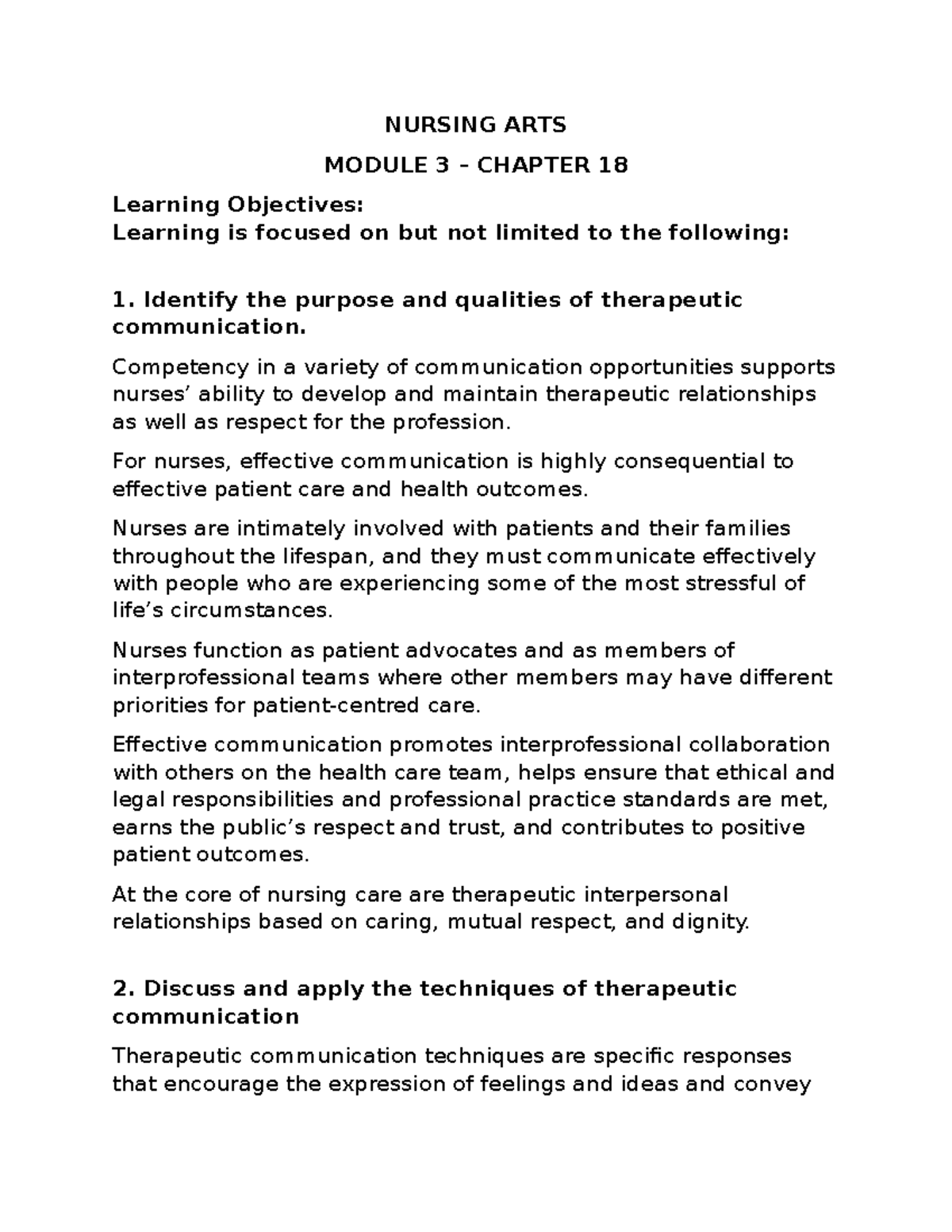 Nursing ARTS - Module 3 - Chpt 18 - Therapeutic Communication - NURSING ...