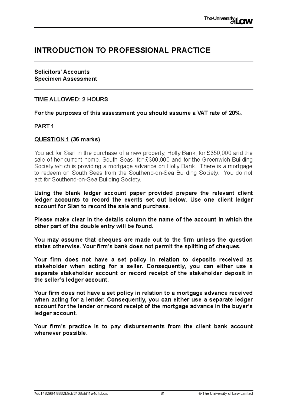 Specimen assessment practice questions INTRODUCTION TO PROFESSIONAL