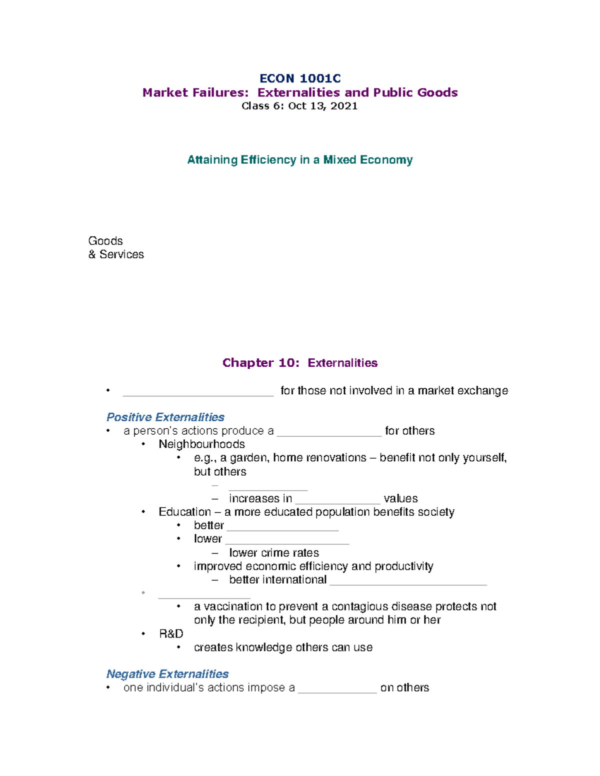 Microeconomics class 6 notes - ECON 1001C Market Failures ...