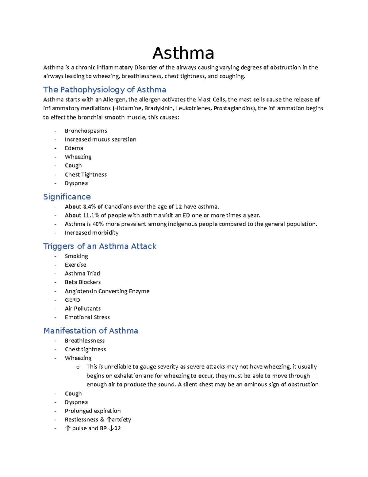 Asthma - Lecture Notes - Asthma Asthma is a chronic inflammatory ...