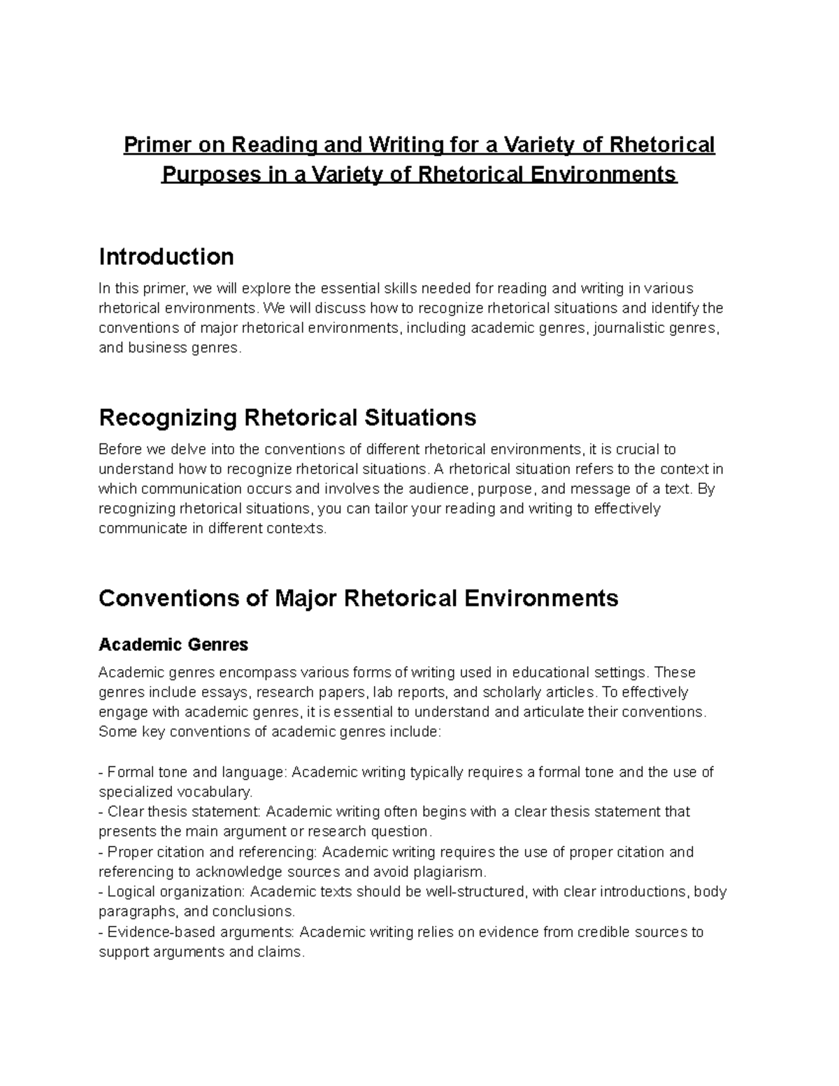 Primer on Reading and Writing for a Variety of Rhetorical Purposes in a Variety of Rhetorical