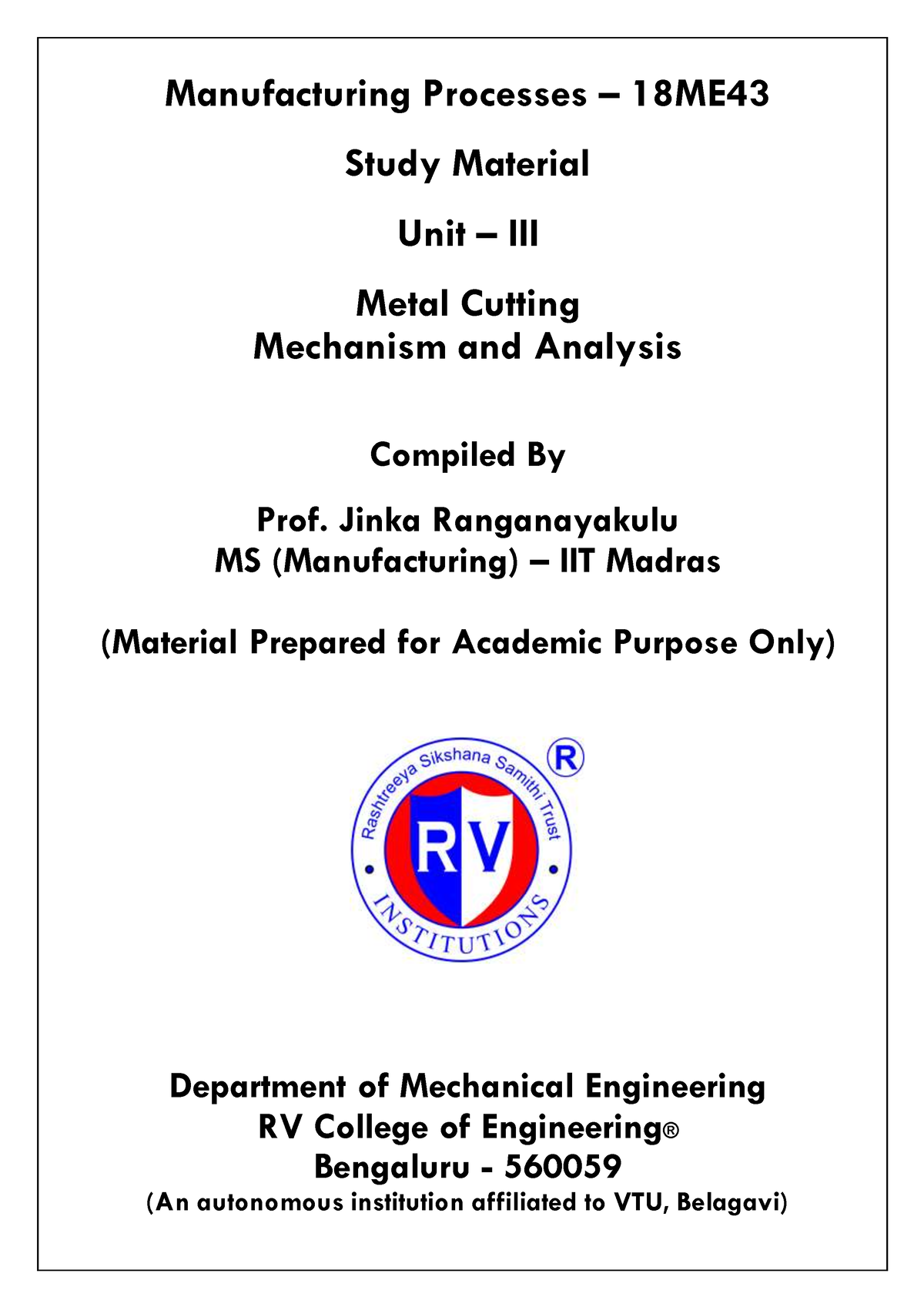 MP-UNIT-3 - Manufacturing - Manufacturing Processes – 18ME Study ...