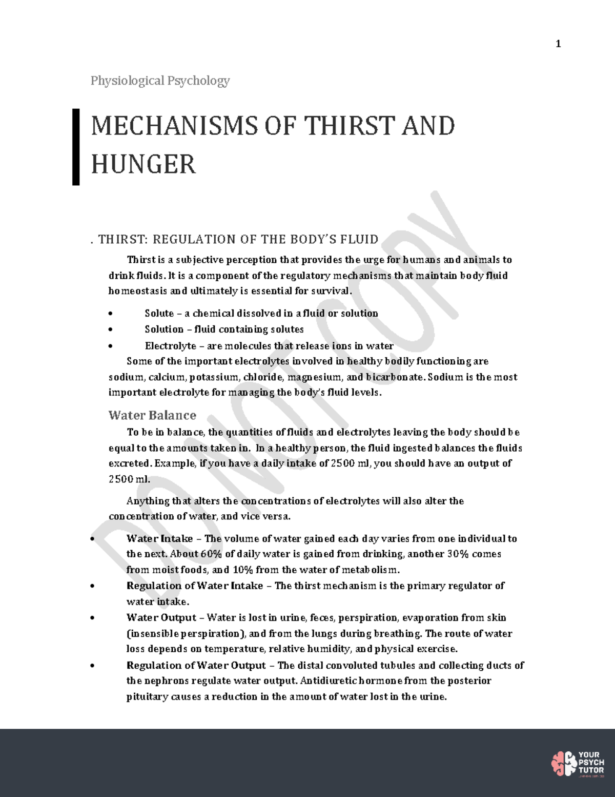 Mechanisms of Thirst and Hunger - Physiological Psychology MECHANISMS ...