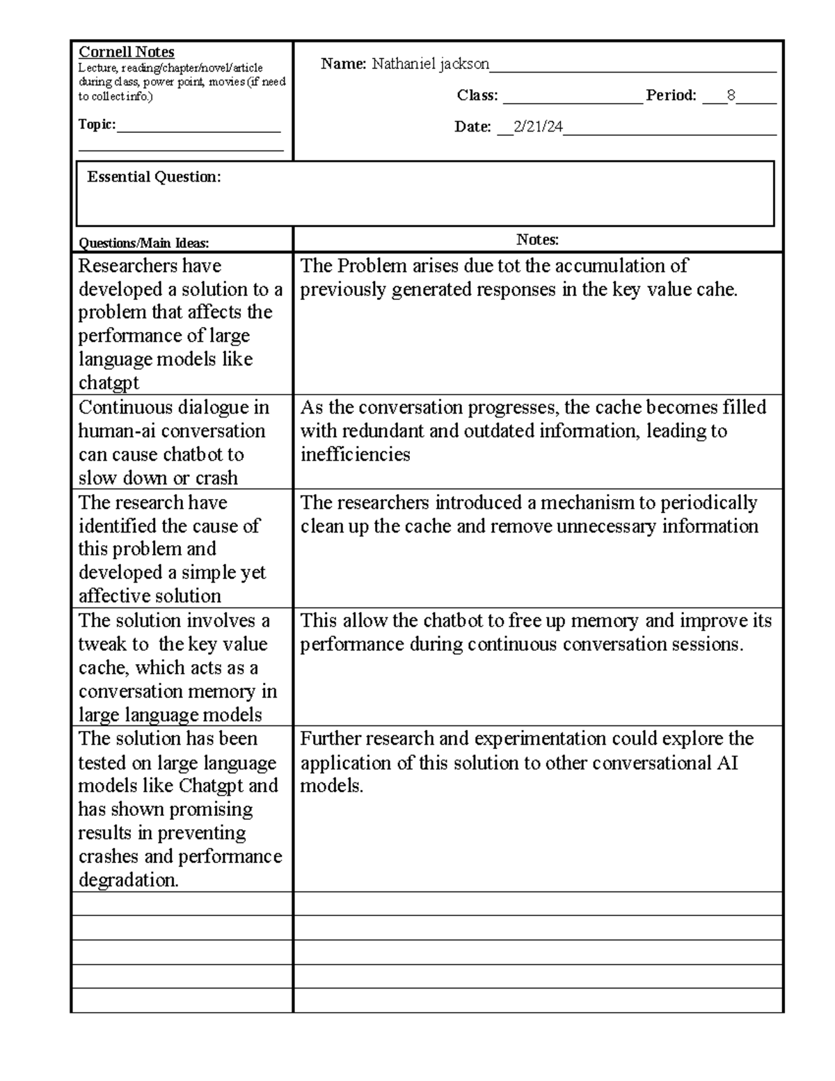 Cornell Notes - Cornell Notes Lecture, reading/chapter/novel/article ...