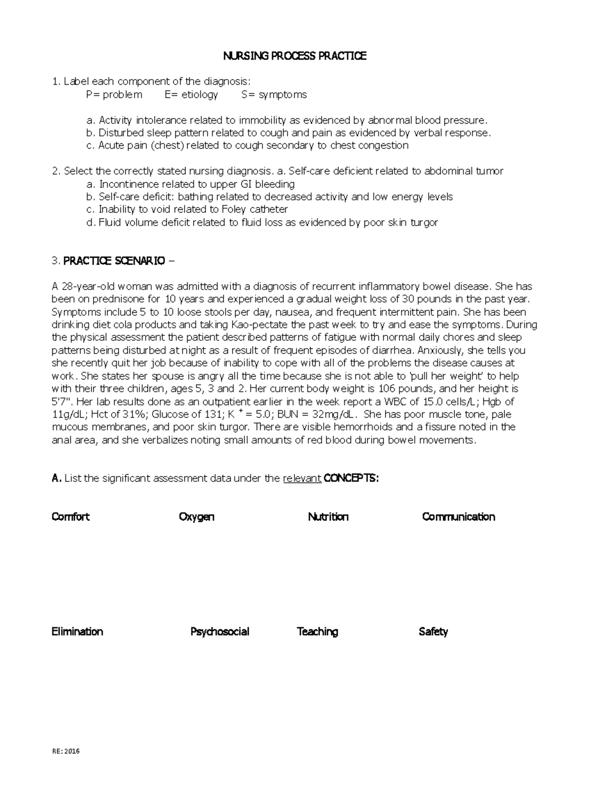Nursing Process Practice - NURSING PROCESS PRACTICE 1. Label each ...
