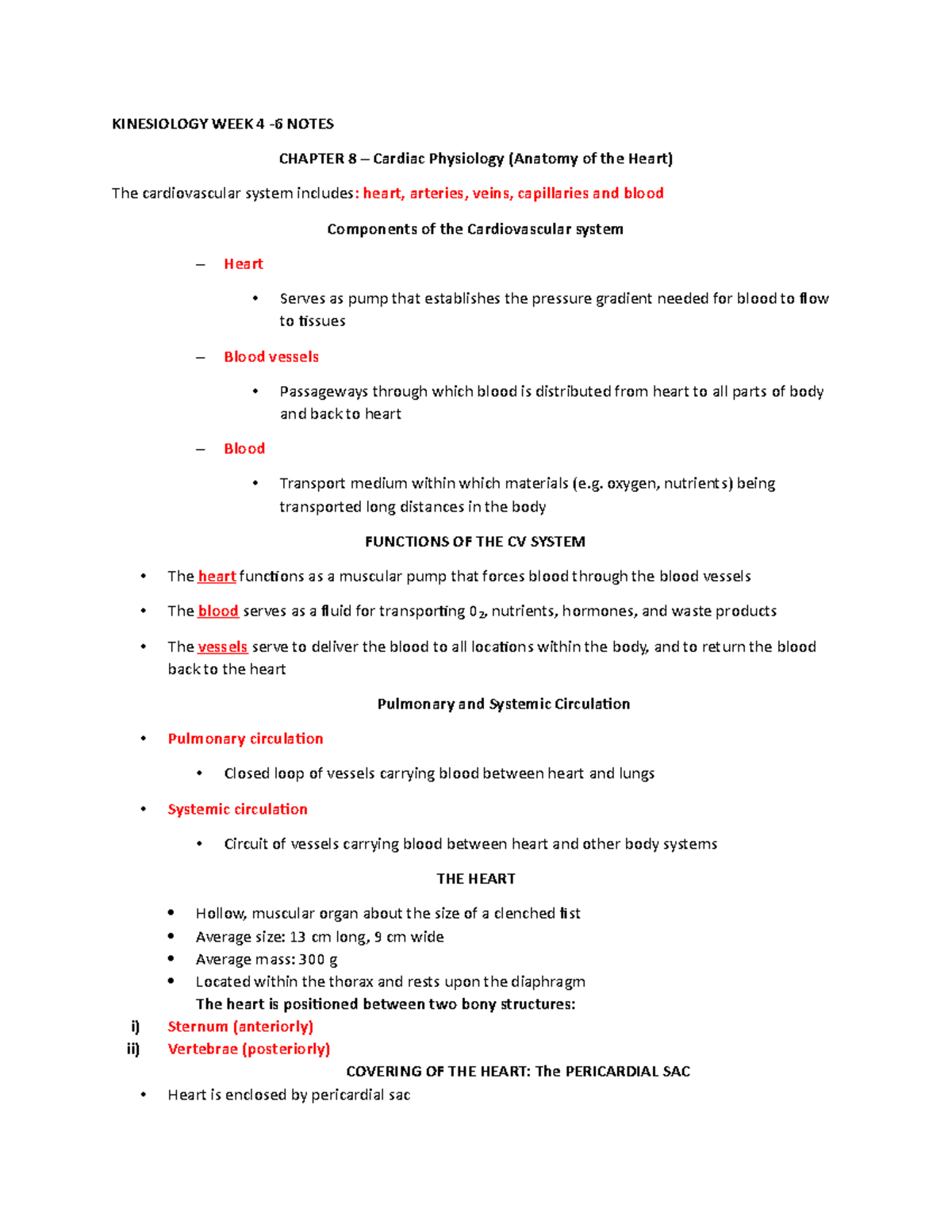 cardiac physiology - KINESIOLOGY WEEK 4 -6 NOTES CHAPTER 8 – Cardiac ...