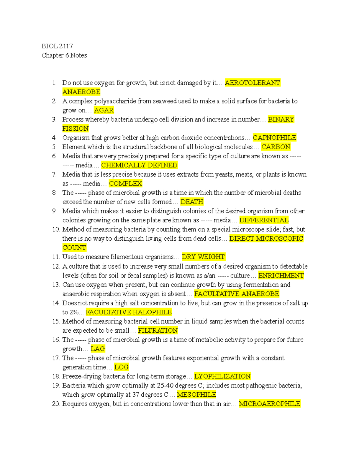 Biol 2117 Ch 6 Notes Microbiology Vocabulary Biol 2117 Chapter 6 Notes Do Not Use Oxygen 0305