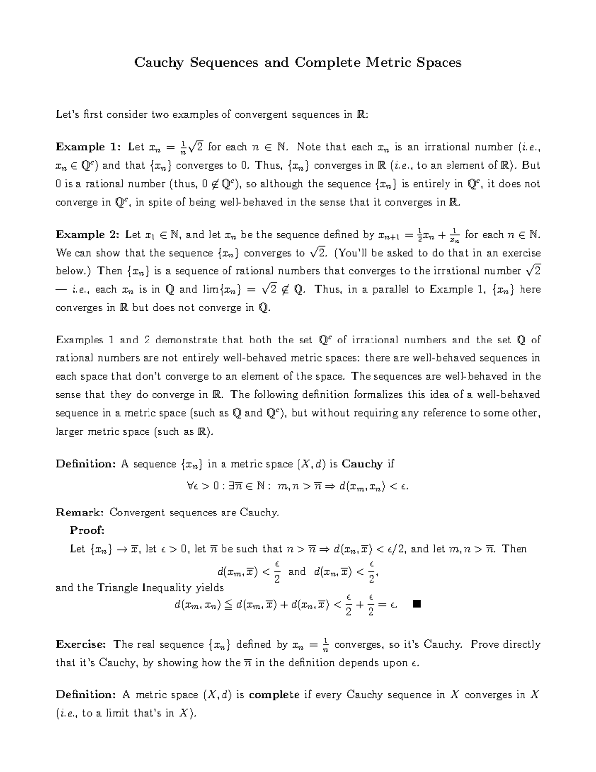 Lecture Notes Lecture 4 Complete Metric Spaces Studocu