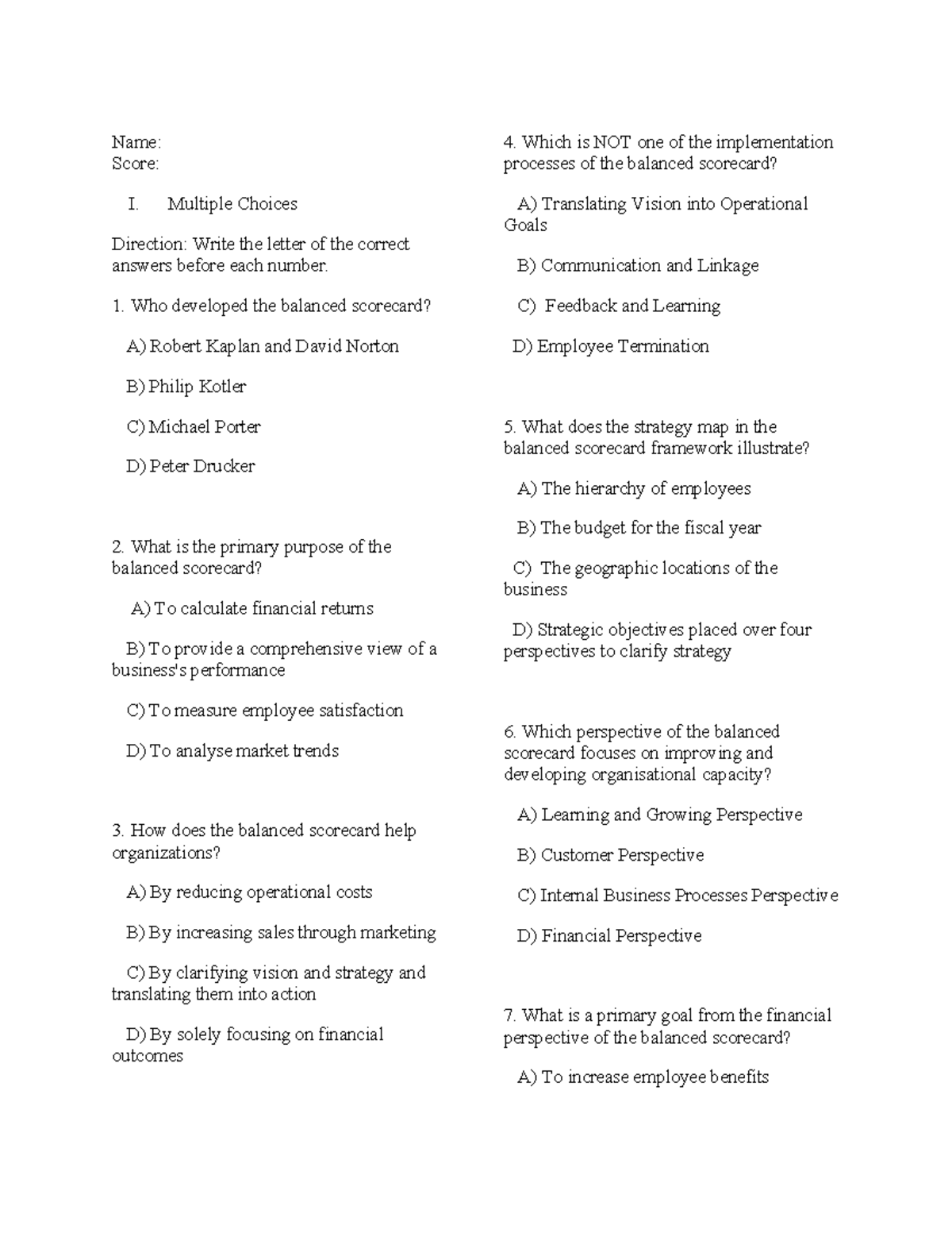 G11 QUIZ - Name: Score: I. Multiple Choices Direction: Write the letter ...