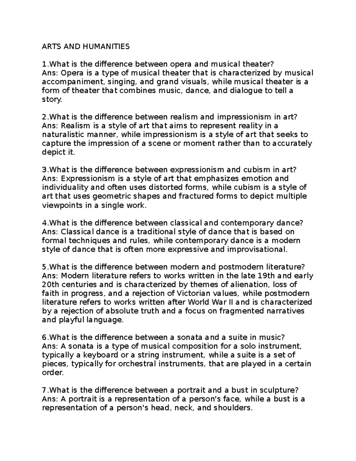 ARTS AND Humanities 3 QUIZ ARTS AND HUMANITIES 1 is the difference