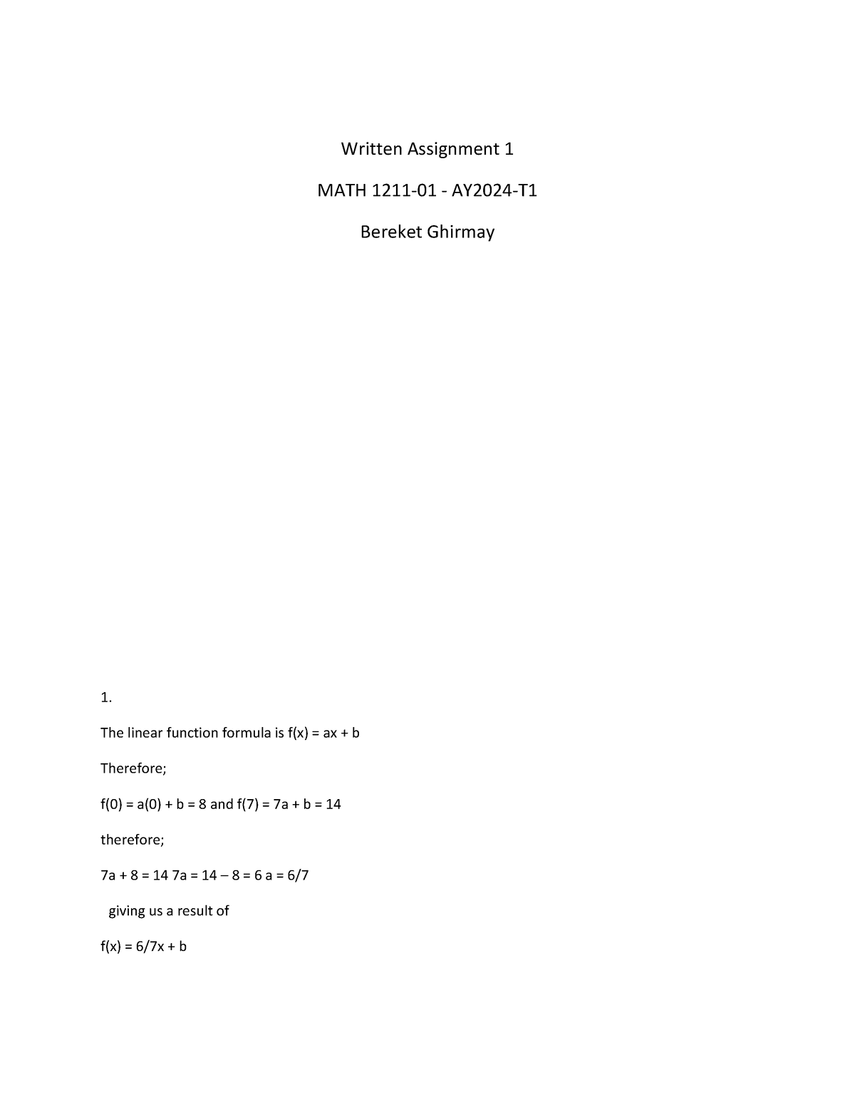 WA 1 Calculus - Written Assignment 1 MATH 1211-01 - AY2024-T Bereket ...