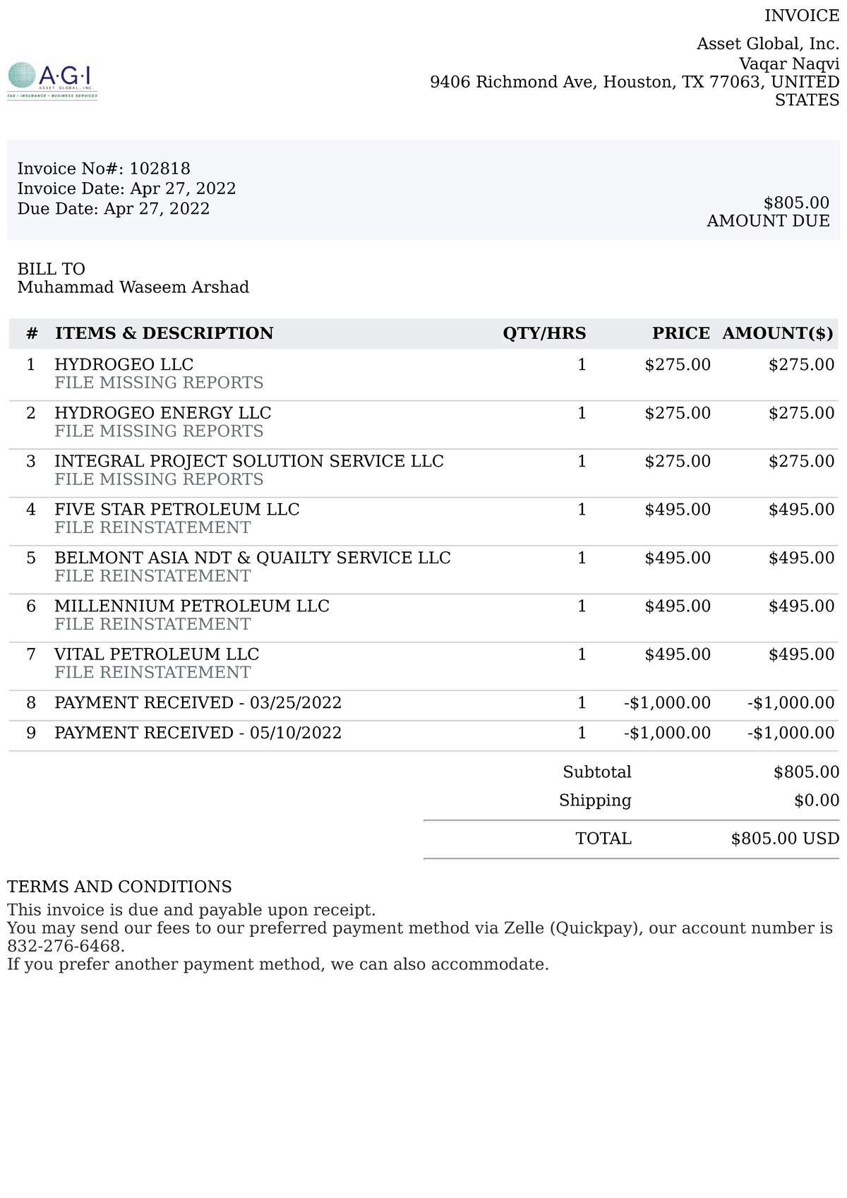 Invoice 102818 - Waseem RANA 06242022 - PAID Partially - Asset Global ...