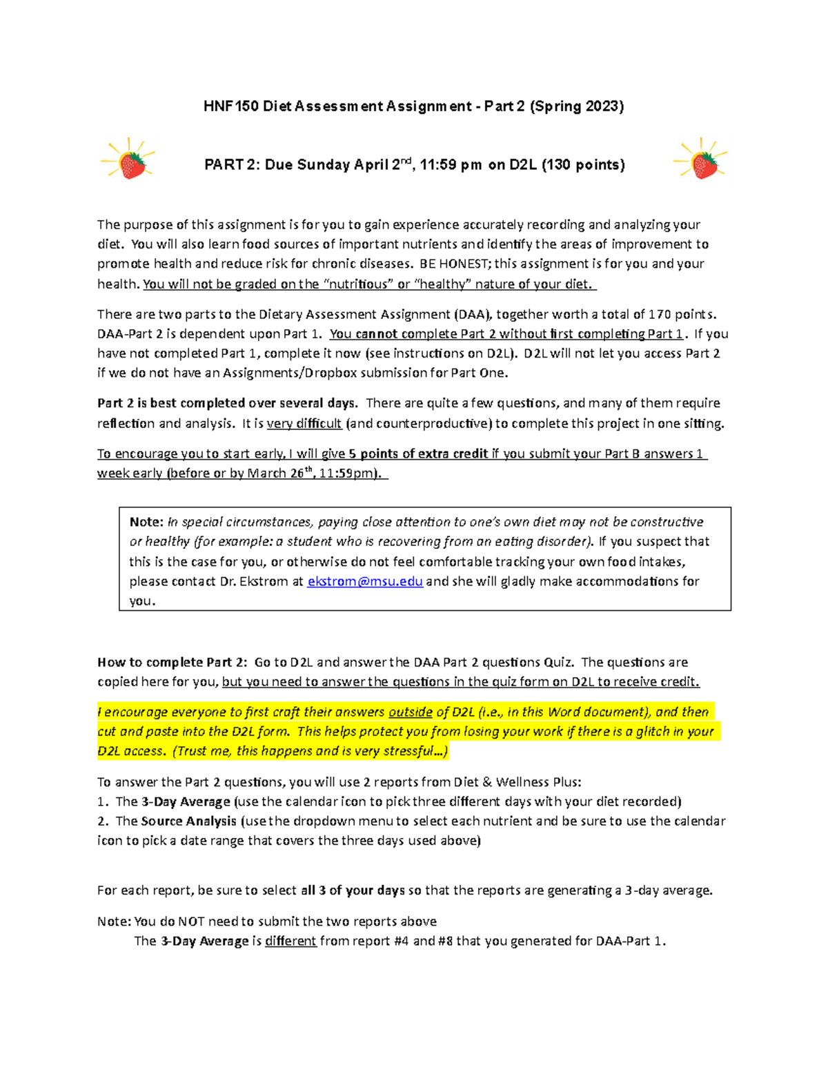 HNF150 DAA Instructions Part Two HNF150 Diet Assessment Assignment