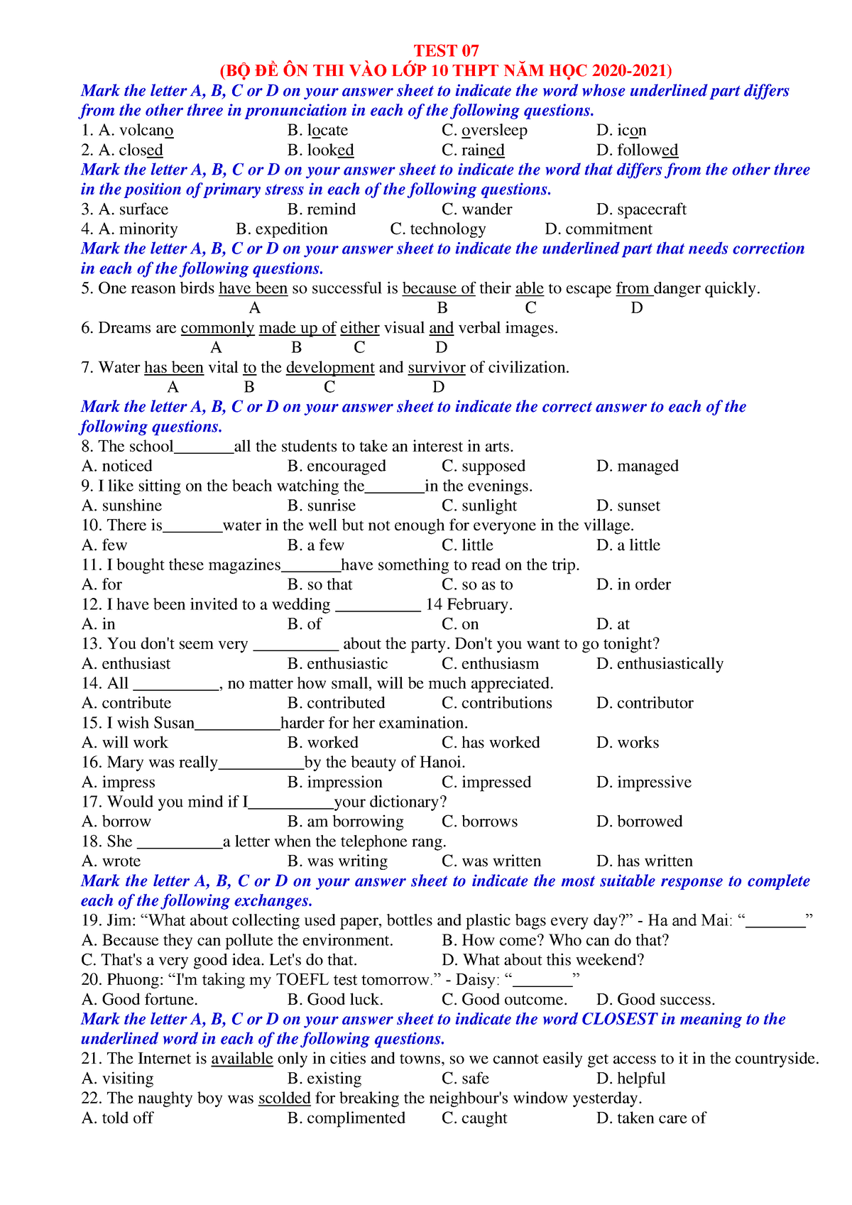 07. TEST 07 - tiếng anh lớp 10 - TEST 07 (BỘ ĐỀ ÔN THI VÀO LỚP 10 THPT ...